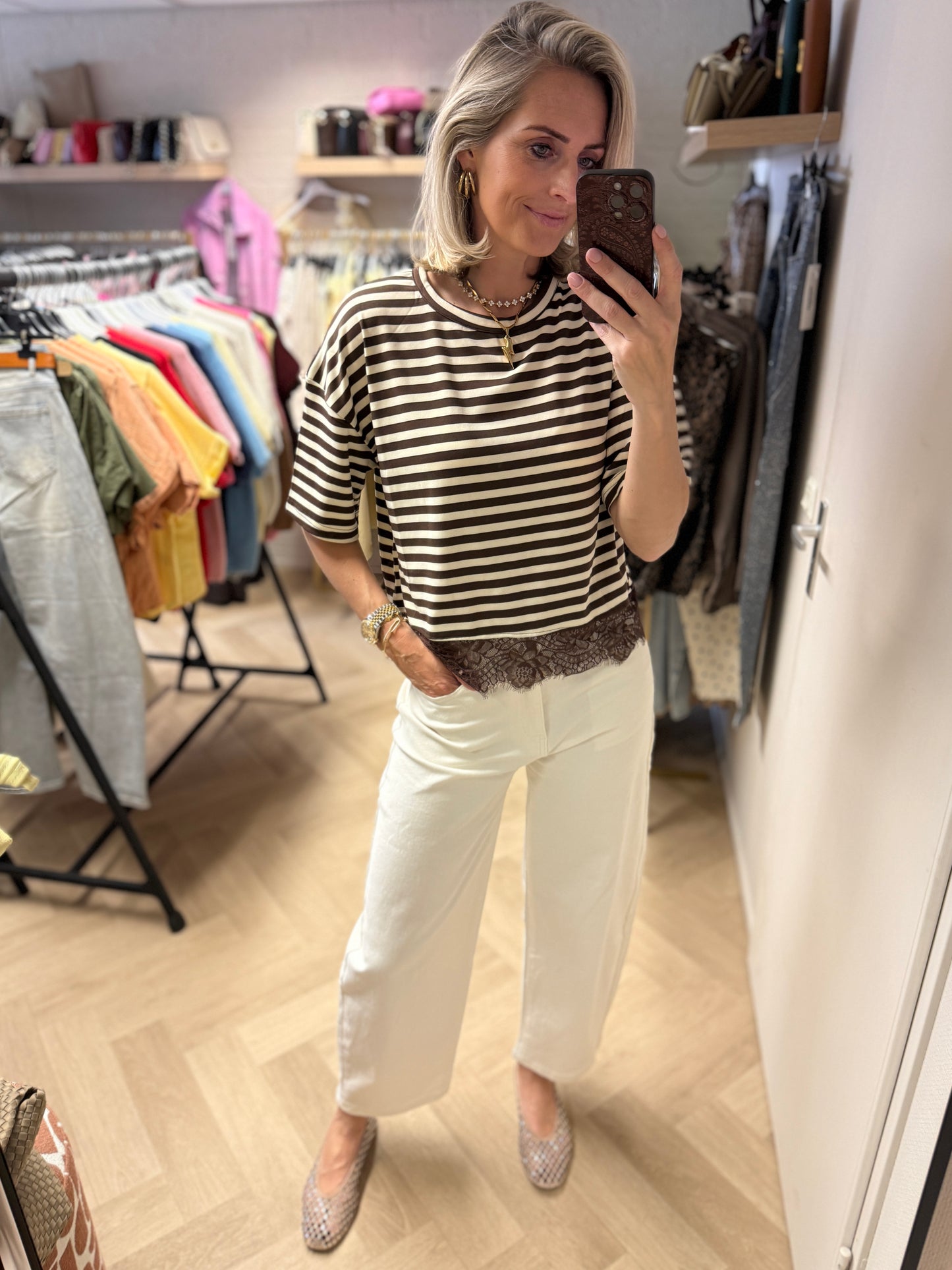 Shirt Kylia Streep Kant Bruin Ecru