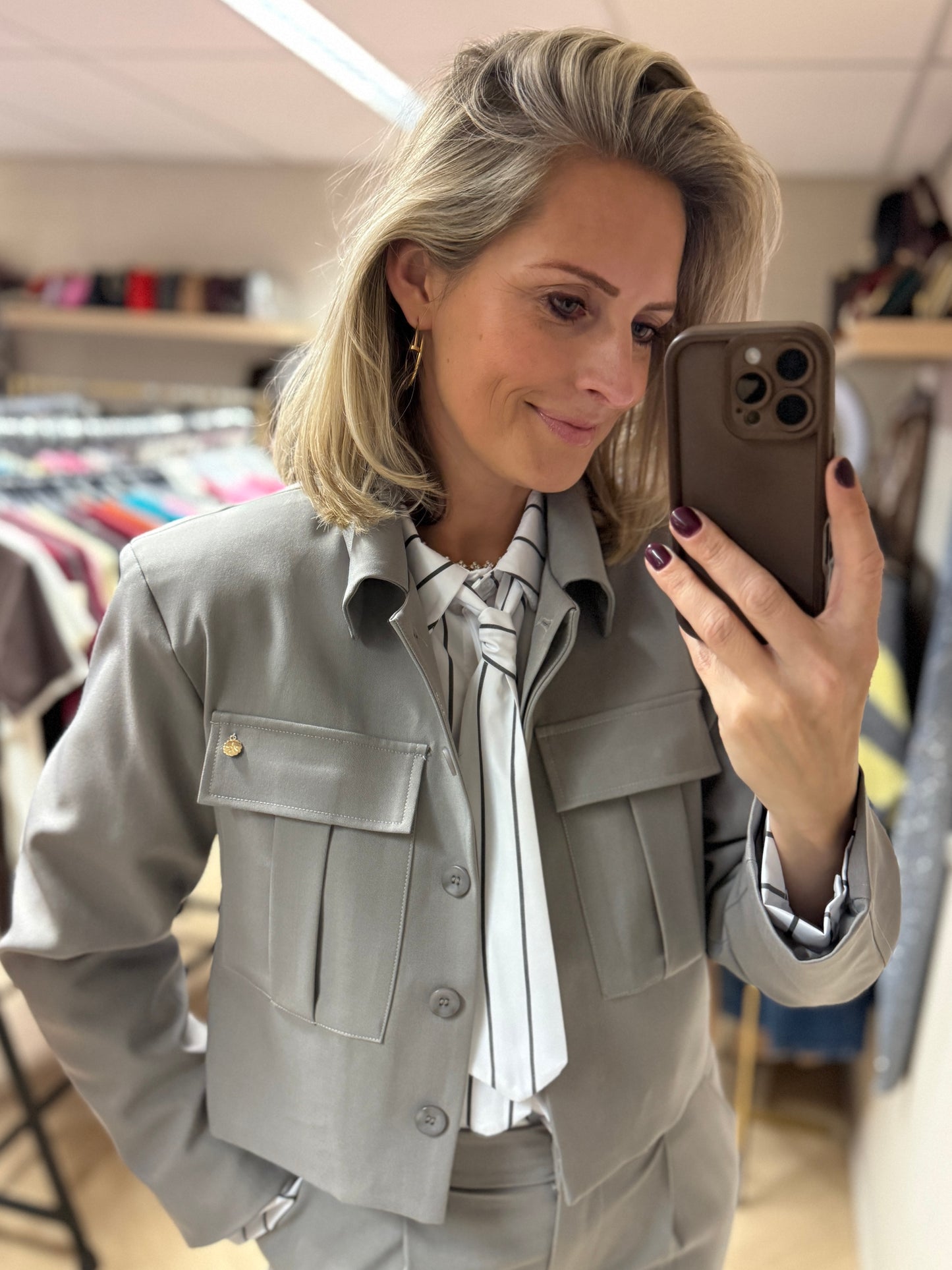 Blouse Stropdas Streep Wit Grijs