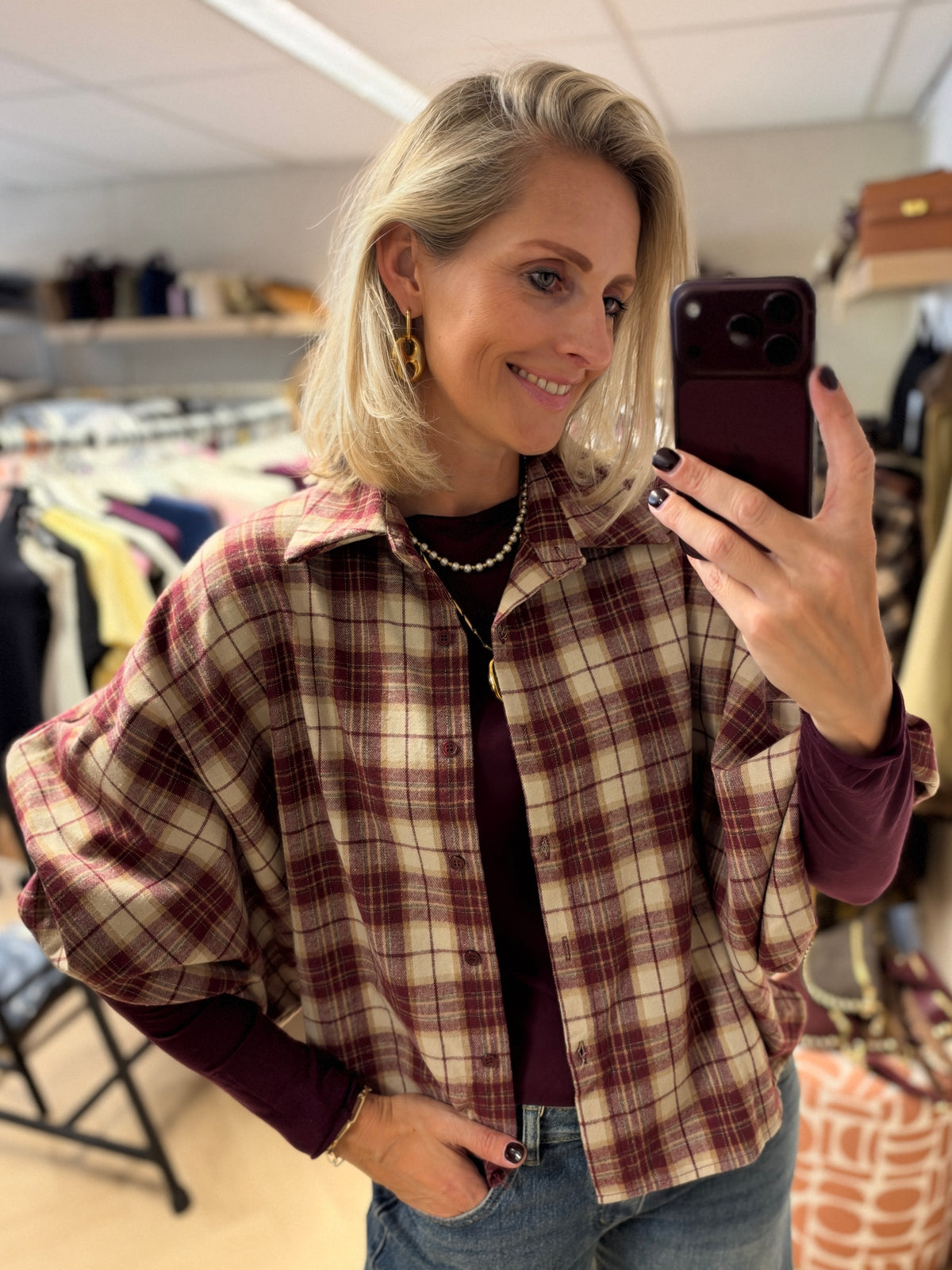 Blouse Mila Ruit Ballonmouwen Bordeaux Creme