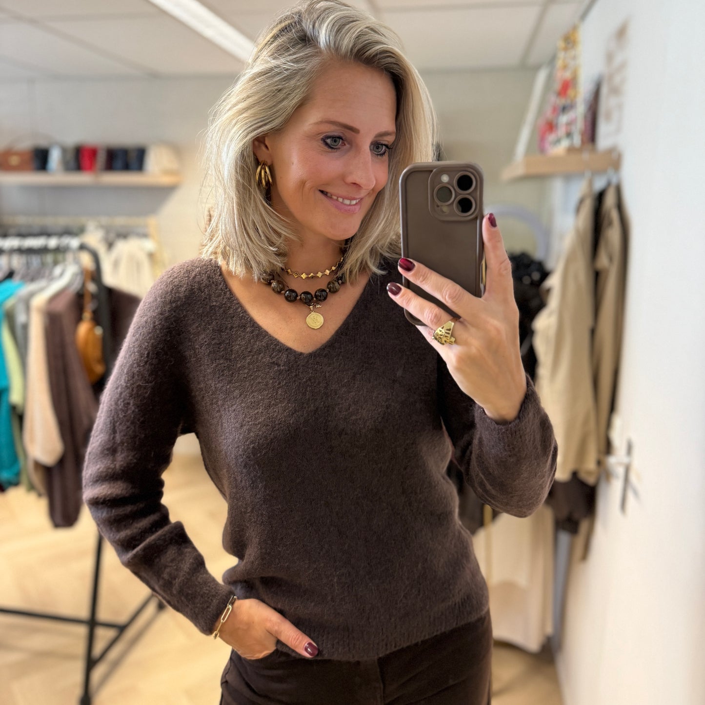 Trui Claudia V-Hals Alpaca Lange Mouw Choco