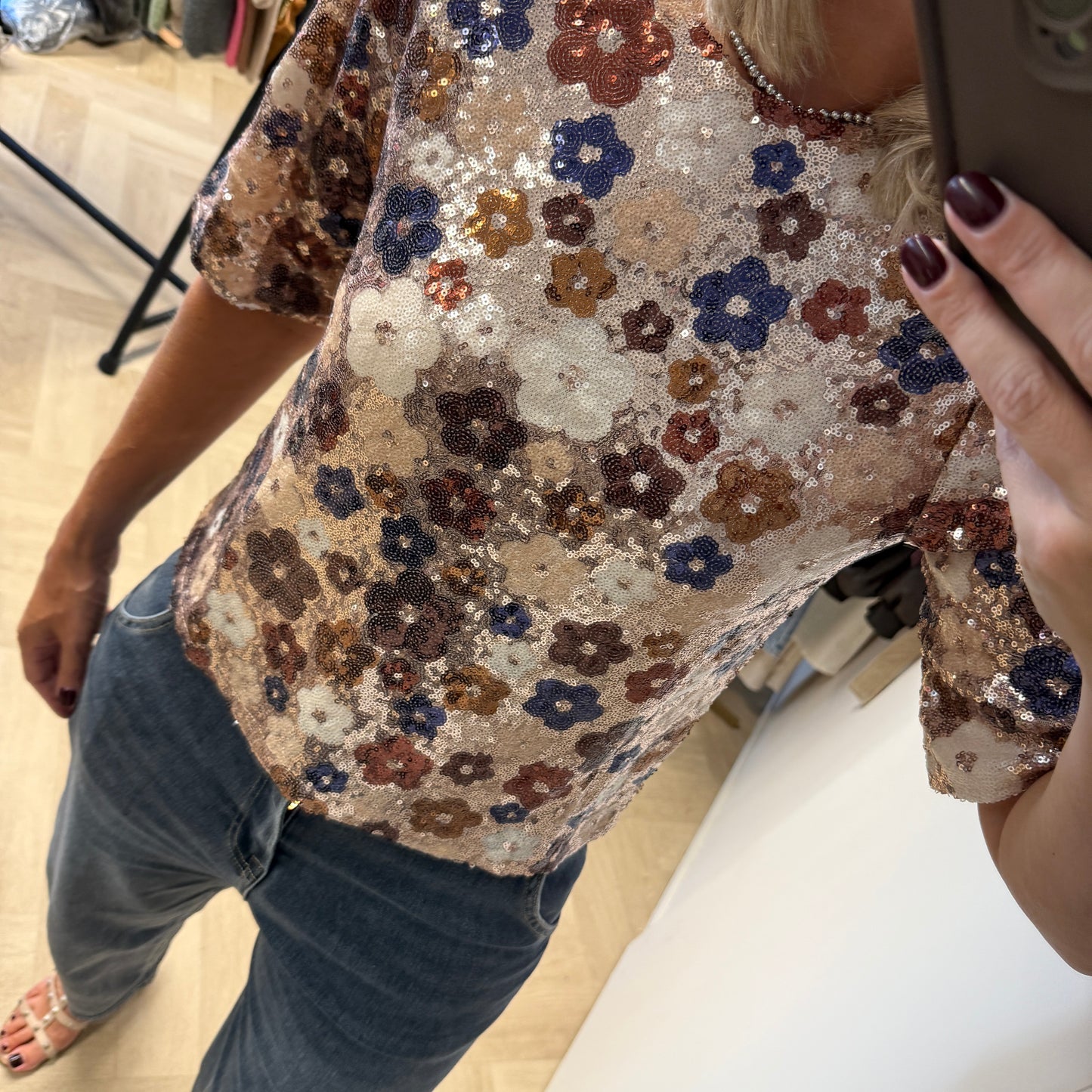 Top Paillet Flowers Beige
