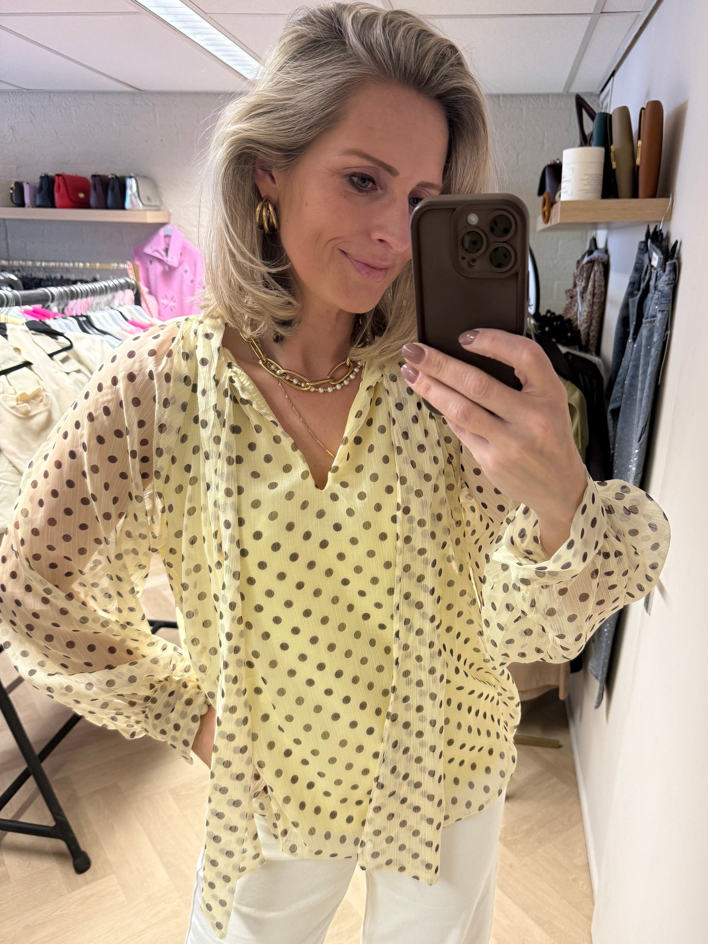 Blouse Jill Polkadot Geel Bruin