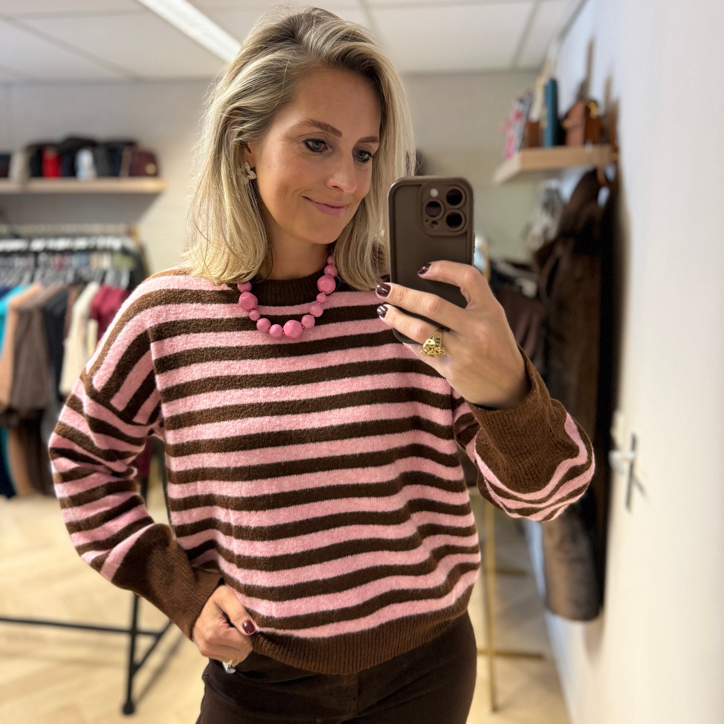 Trui Pip Streep Roze Bruin