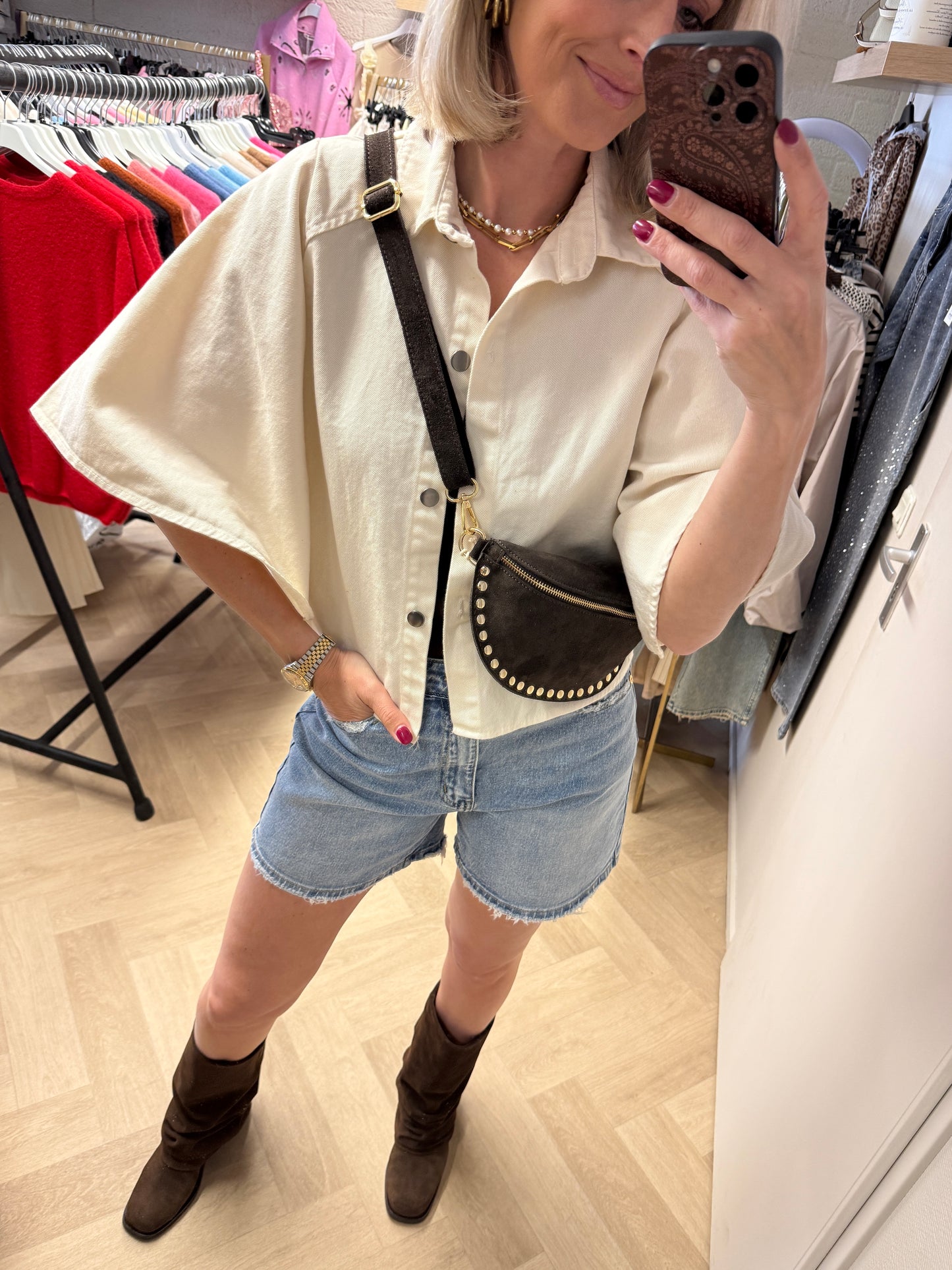 Blouse Denim Flared Mouw Ecru