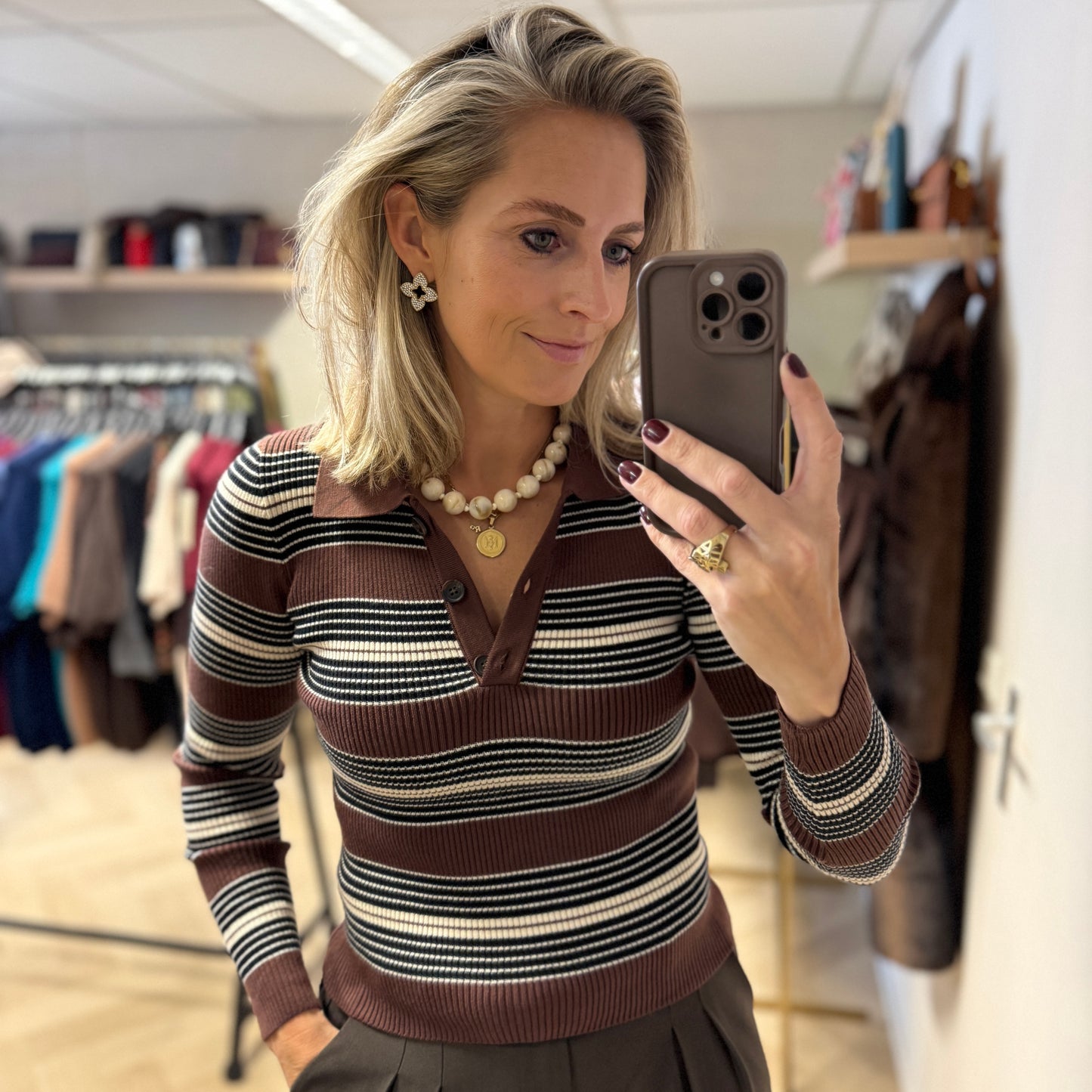Polo Trui Streep Bruin Crème
