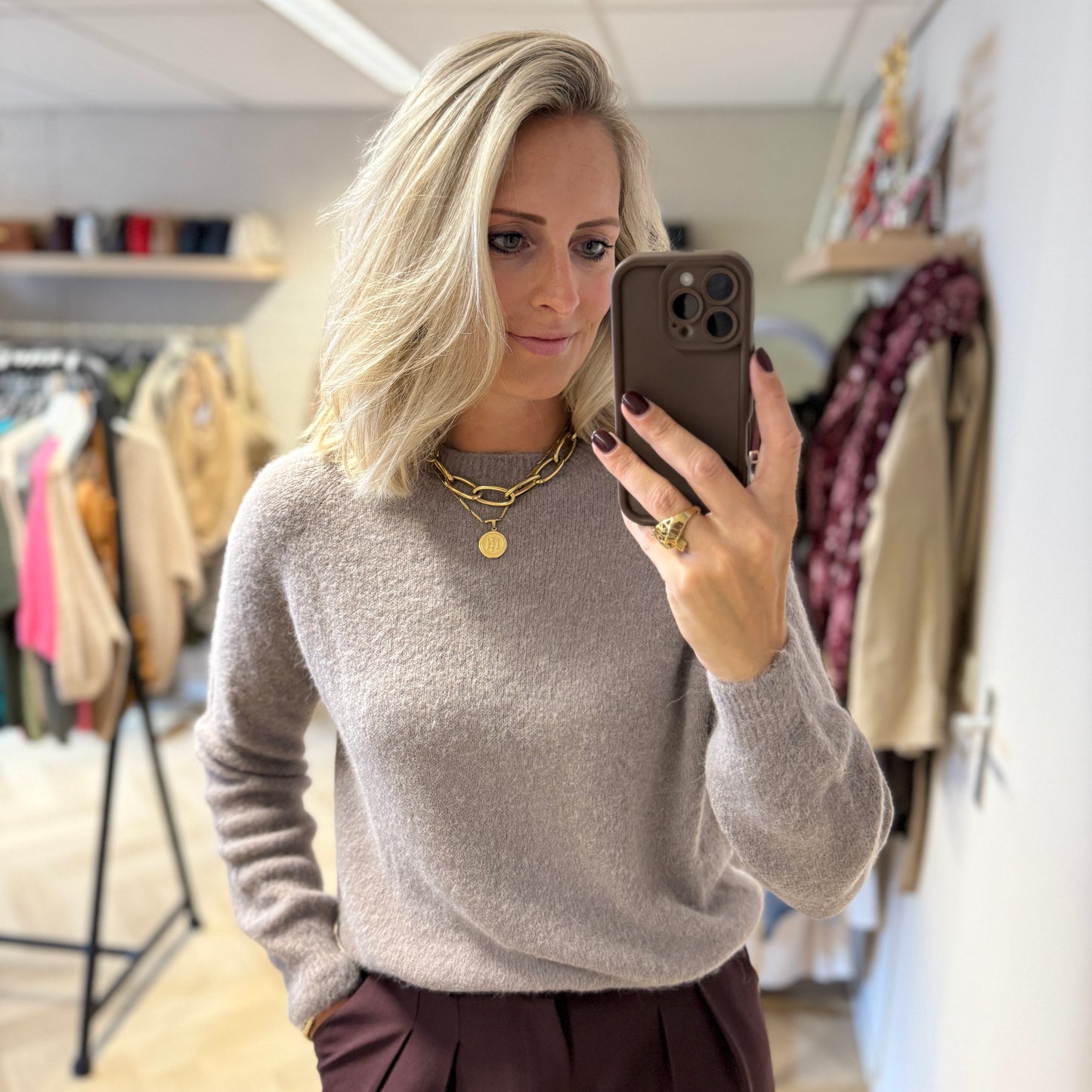 Trui Claudia Alpaca Lange Mouw Taupe