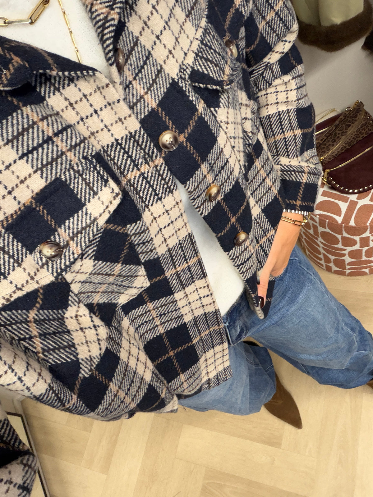 Vest Blouse Jill Ruit Donkerblauw Ecru