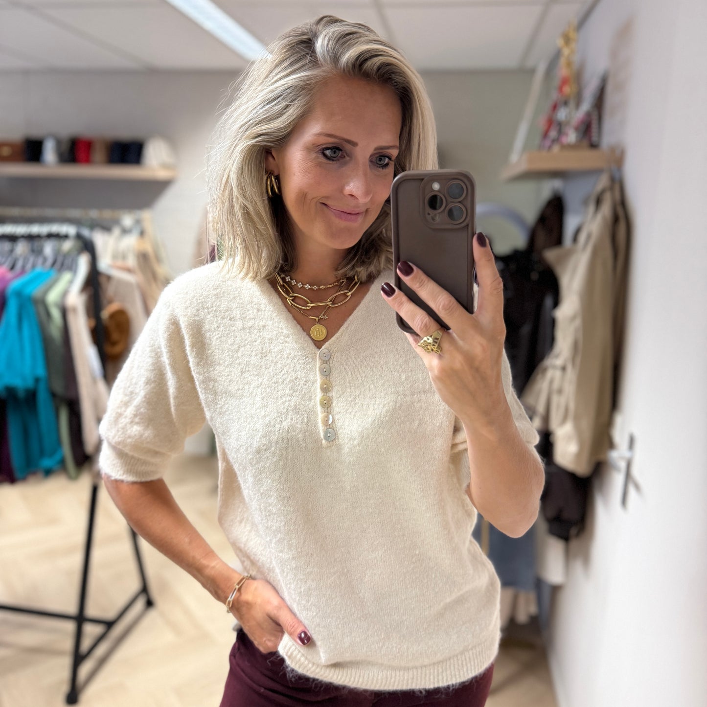 Trui Lima V-Hals Korte Mouw Offwhite