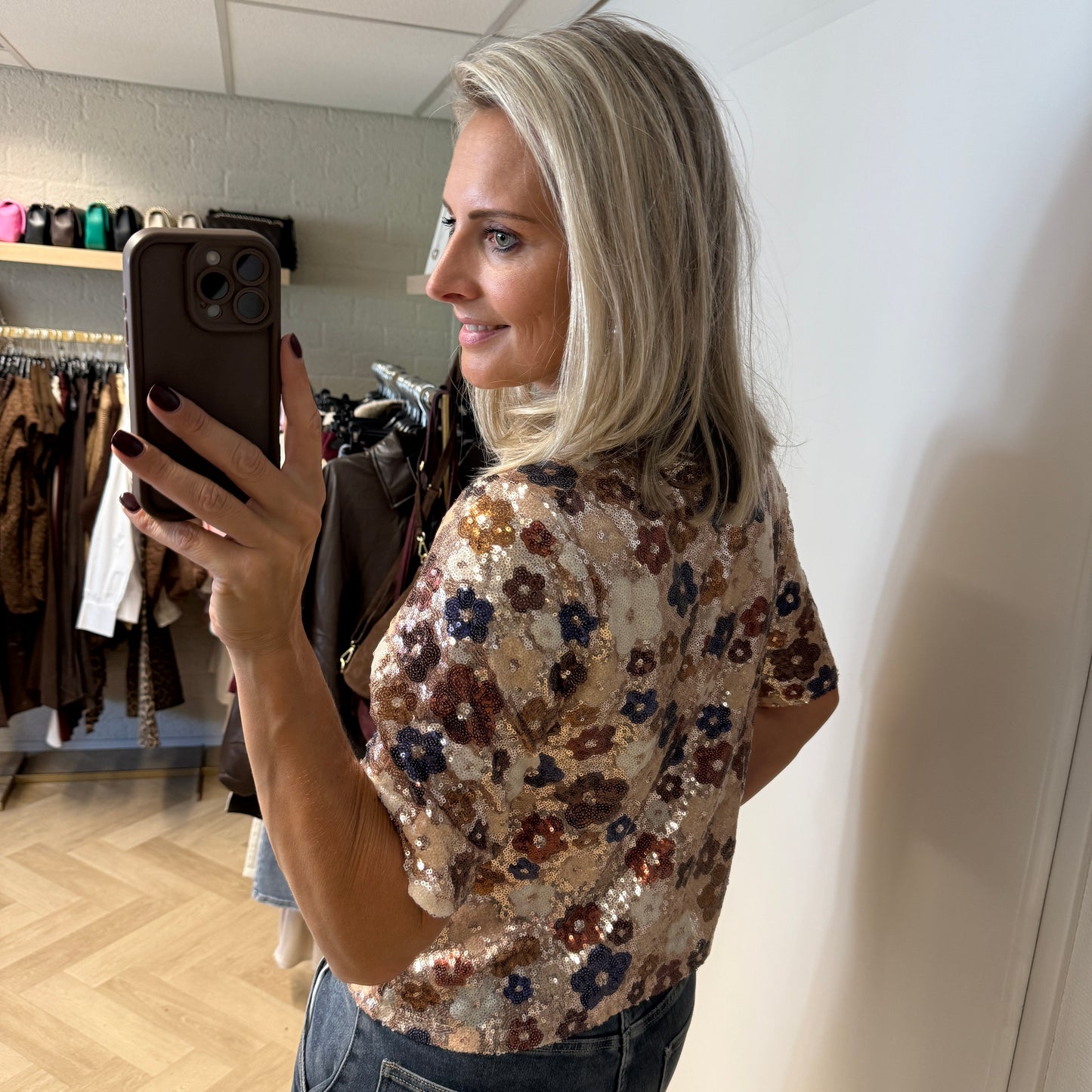 Top Paillet Flowers Beige