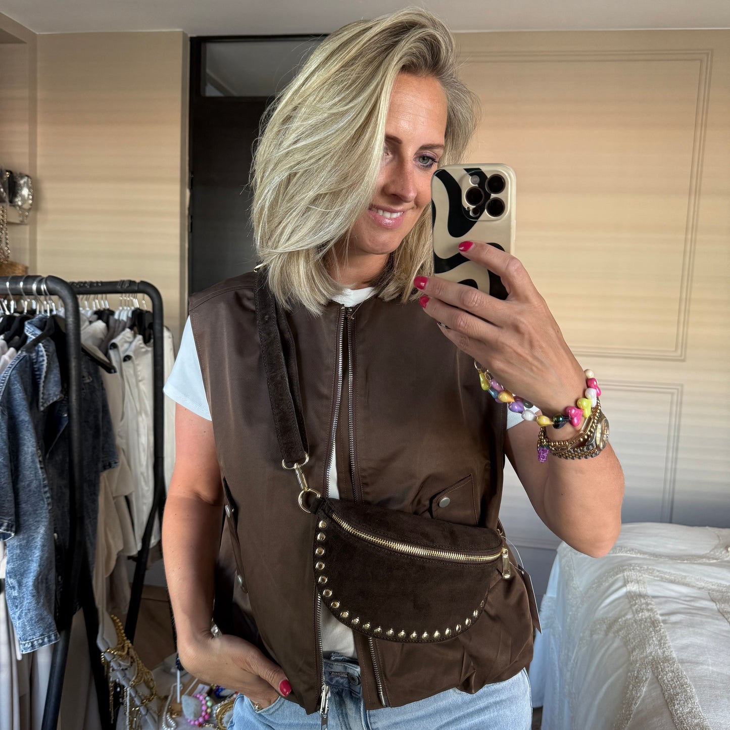 Tas Debby Suède Studs Donkerbruin