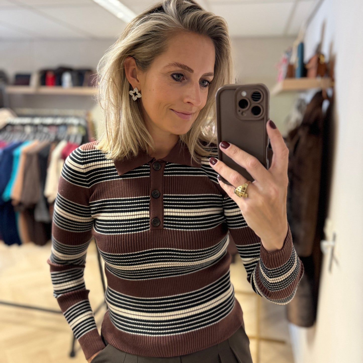Polo Trui Streep Bruin Crème