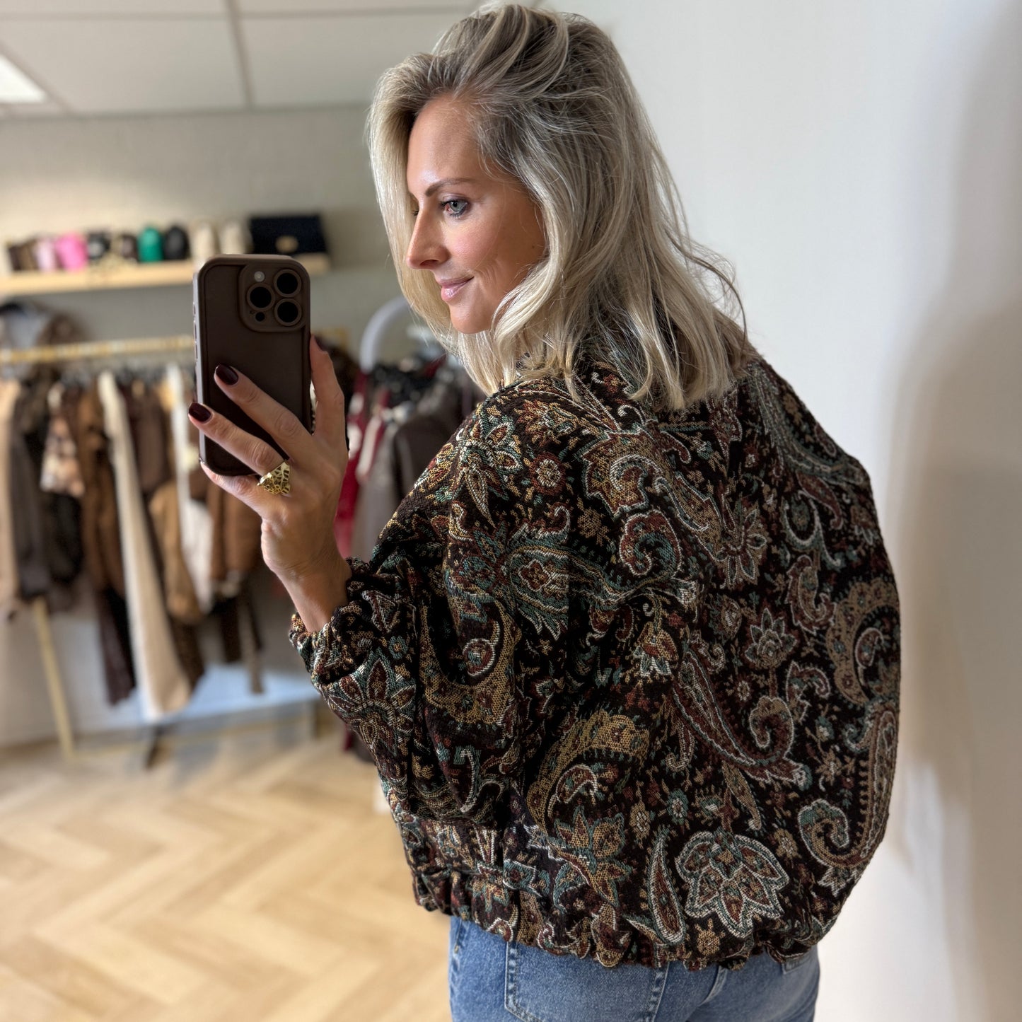 Jack/Vest Amy Jacquard Bruin Groen