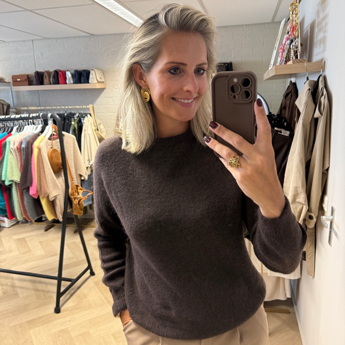 Trui Claudia Alpaca Lange Mouw Donkerbruin