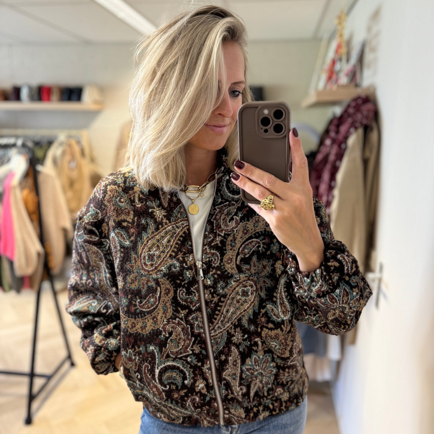 Jack/Vest Amy Jacquard Bruin Groen