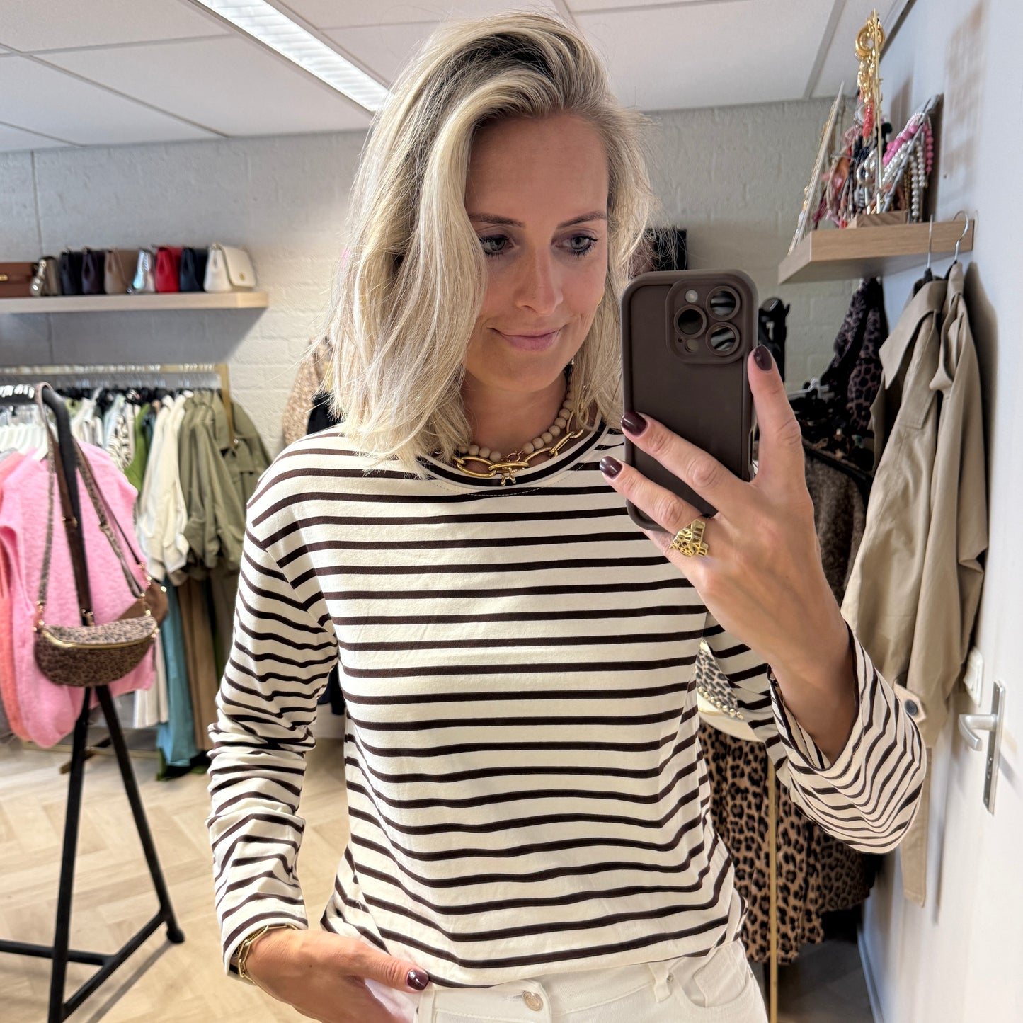 T-shirt Emma Katoen Streep Choco Lange Mouw
