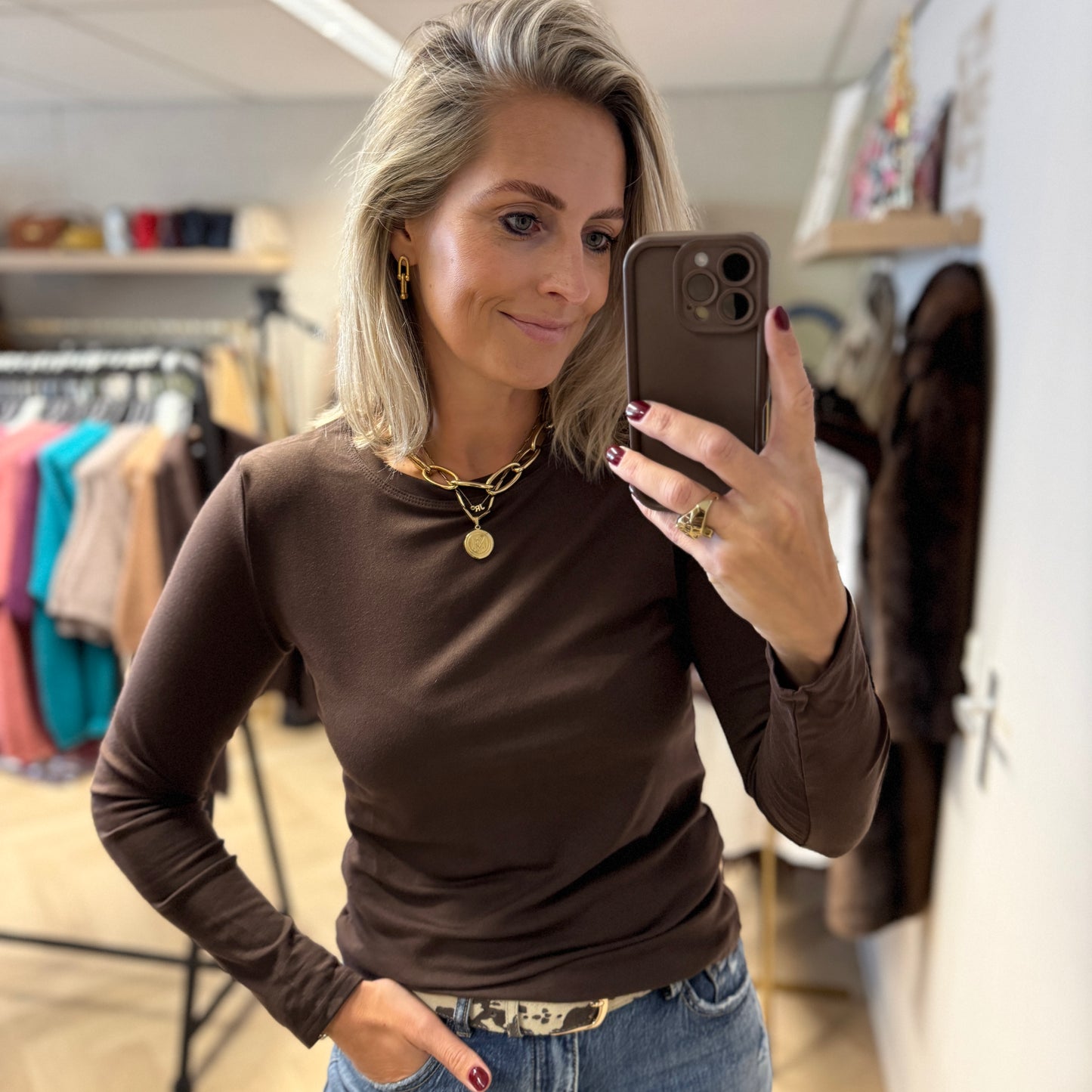 Shirt Basis Lange Mouw Choco