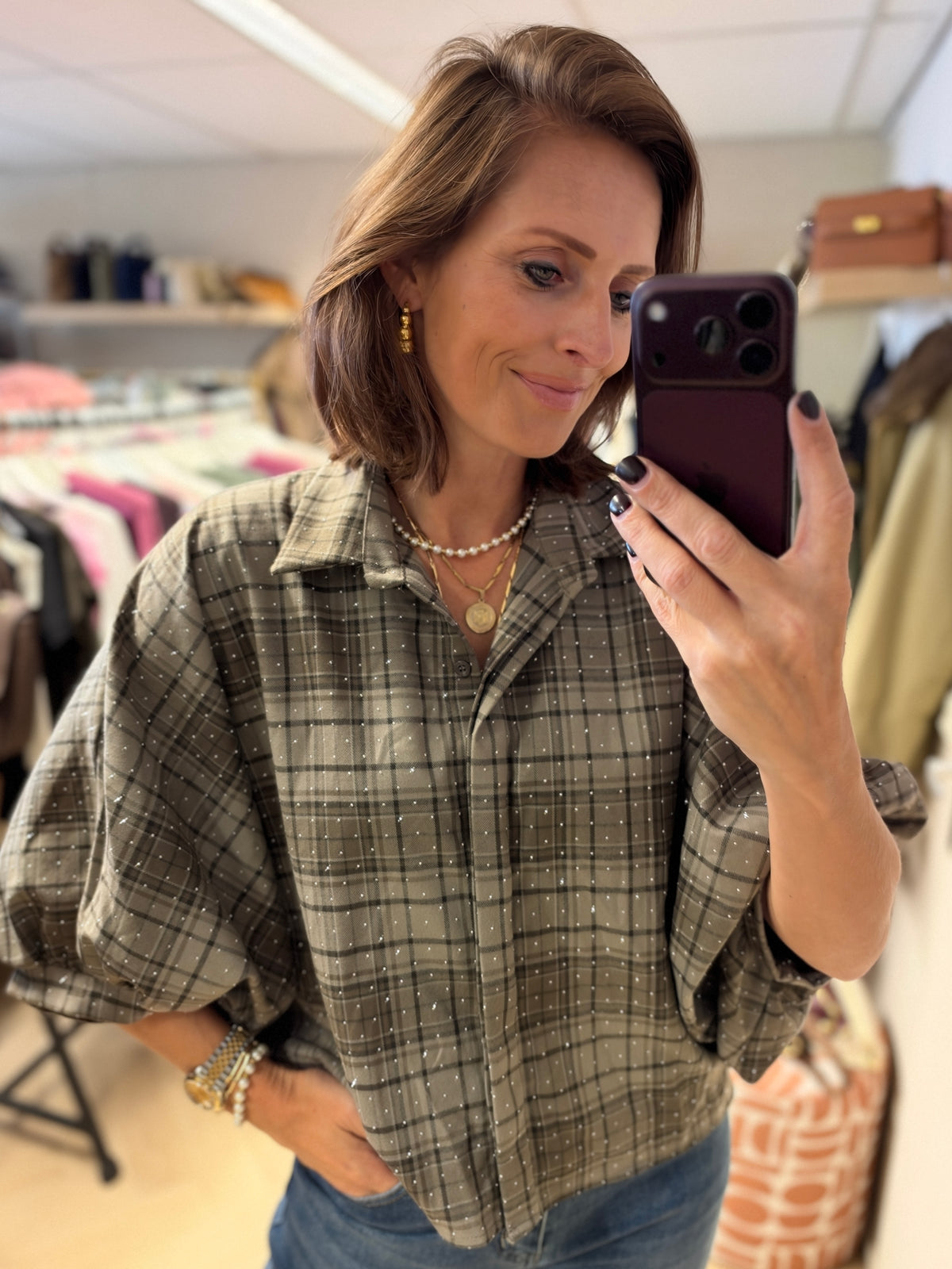 Blouse Mila Ruit Strass Ballonmouwen Taupe