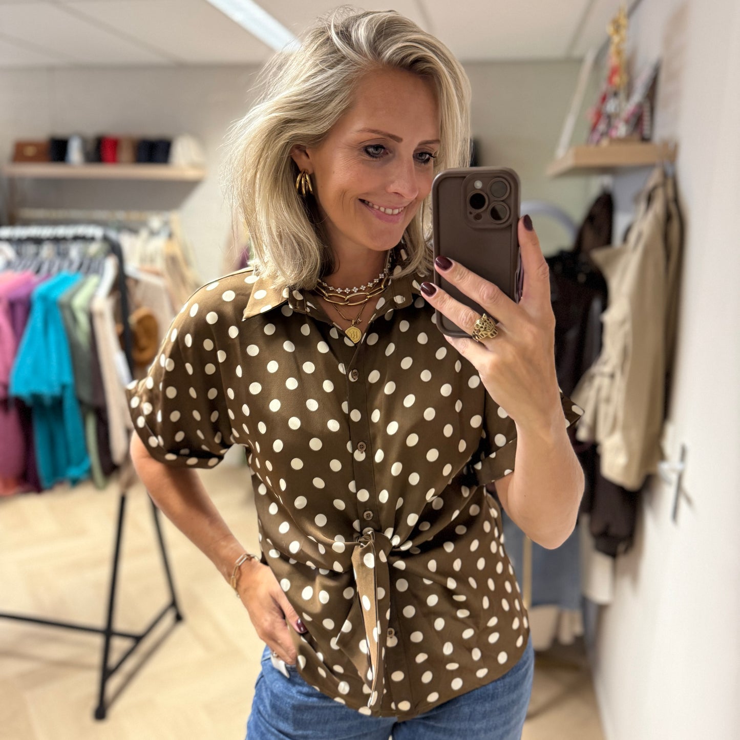 Blouse Mave Polkadot Satijn Bruin