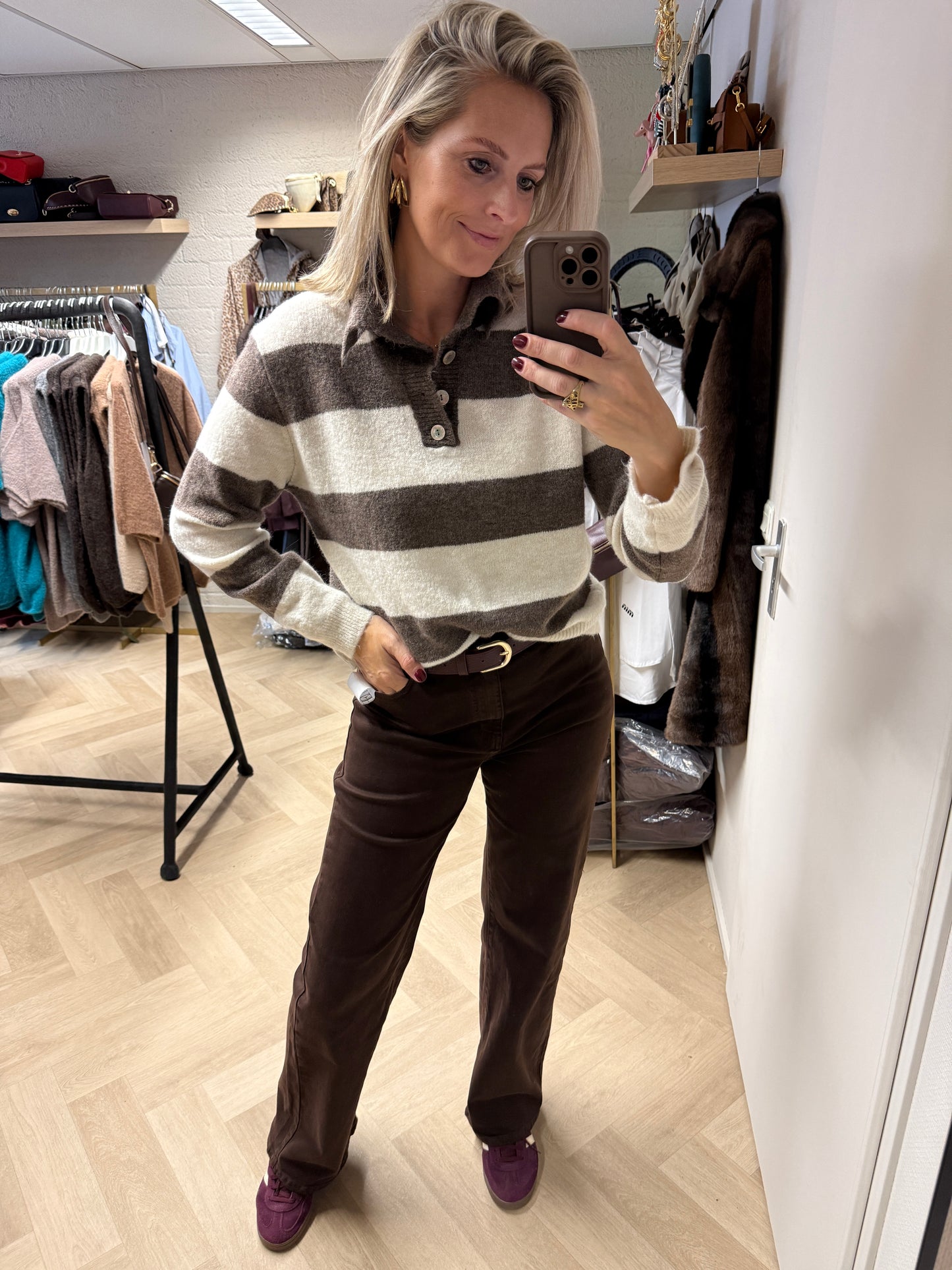 Trui Polo Streep Taupe Offwhite