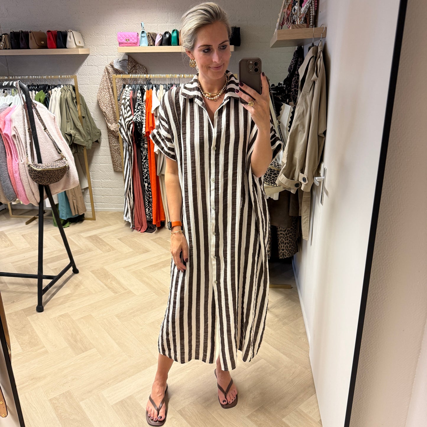 Jurk Zoë Streep Crème Bruin