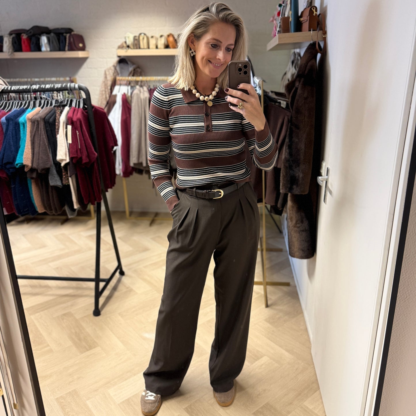 Polo Trui Streep Bruin Crème