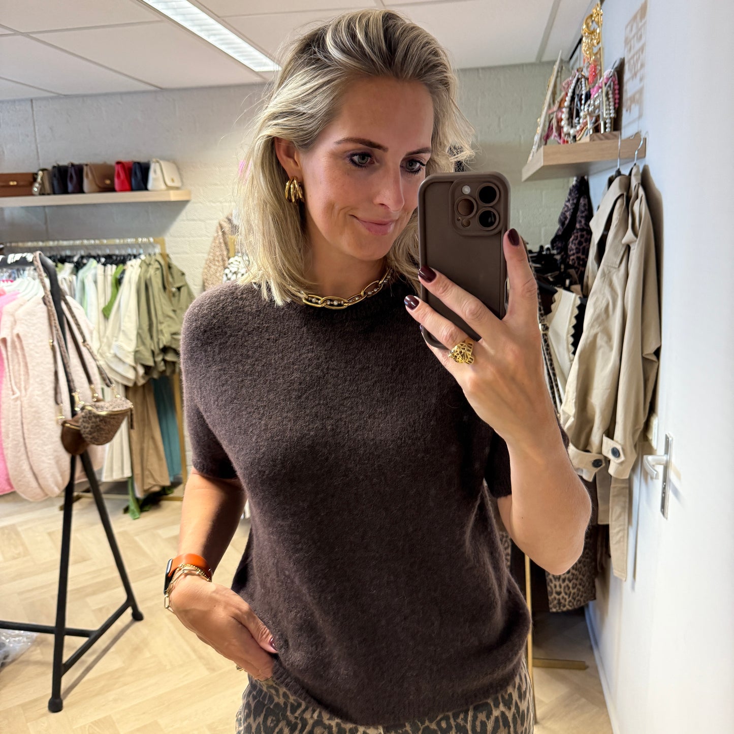 Trui Claudia Alpaca Korte Mouw Donkerbruin