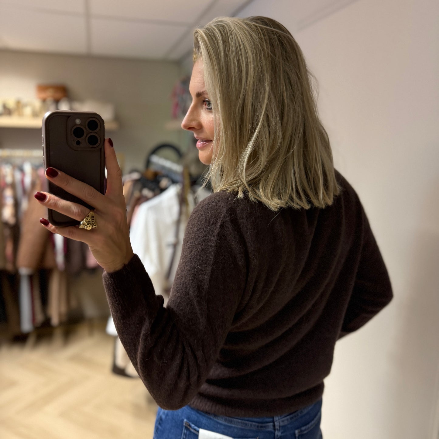 Trui Claudia V-Hals Alpaca Lange Mouw Choco