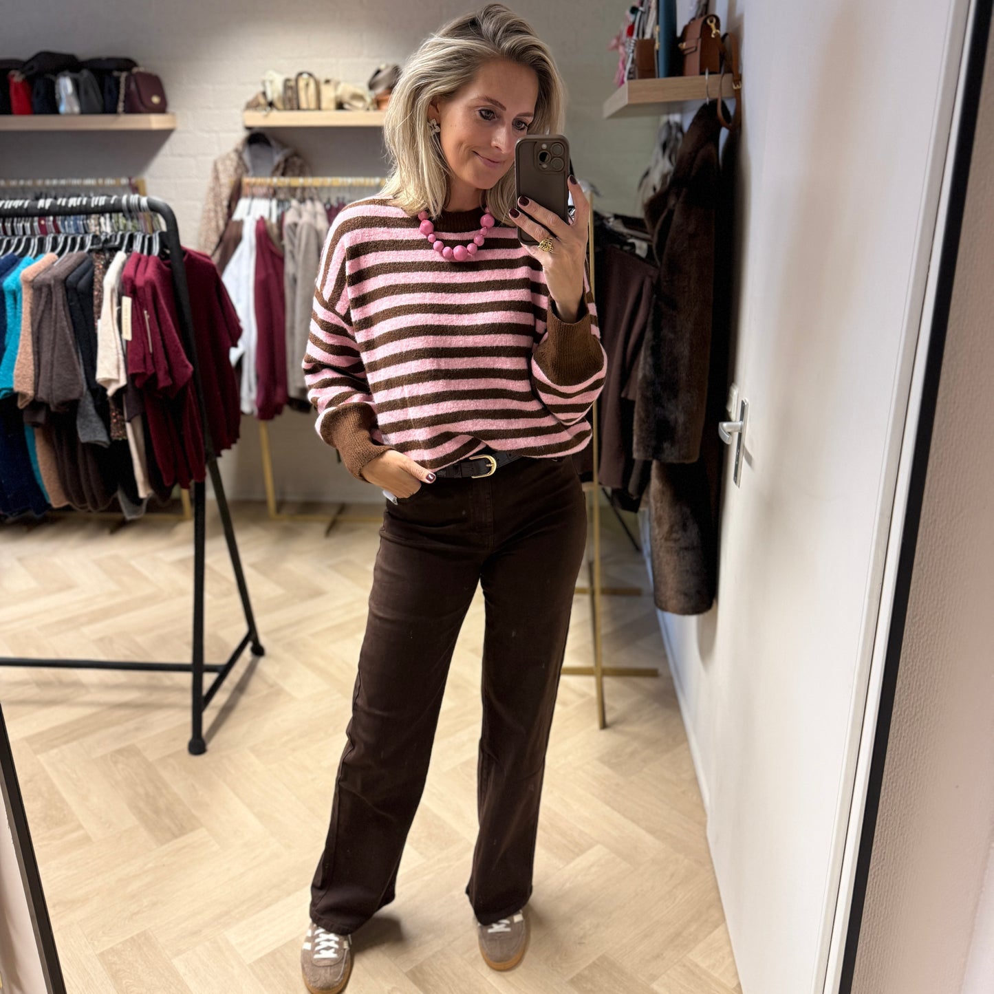 Trui Pip Streep Roze Bruin