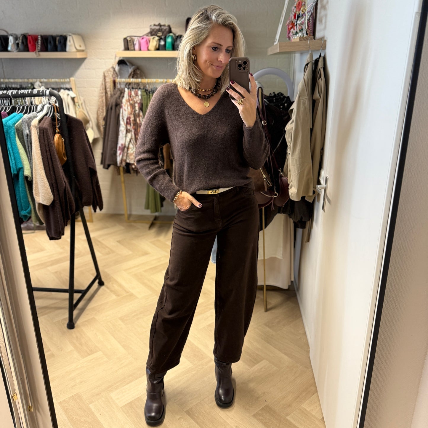 Trui Claudia V-Hals Alpaca Lange Mouw Choco