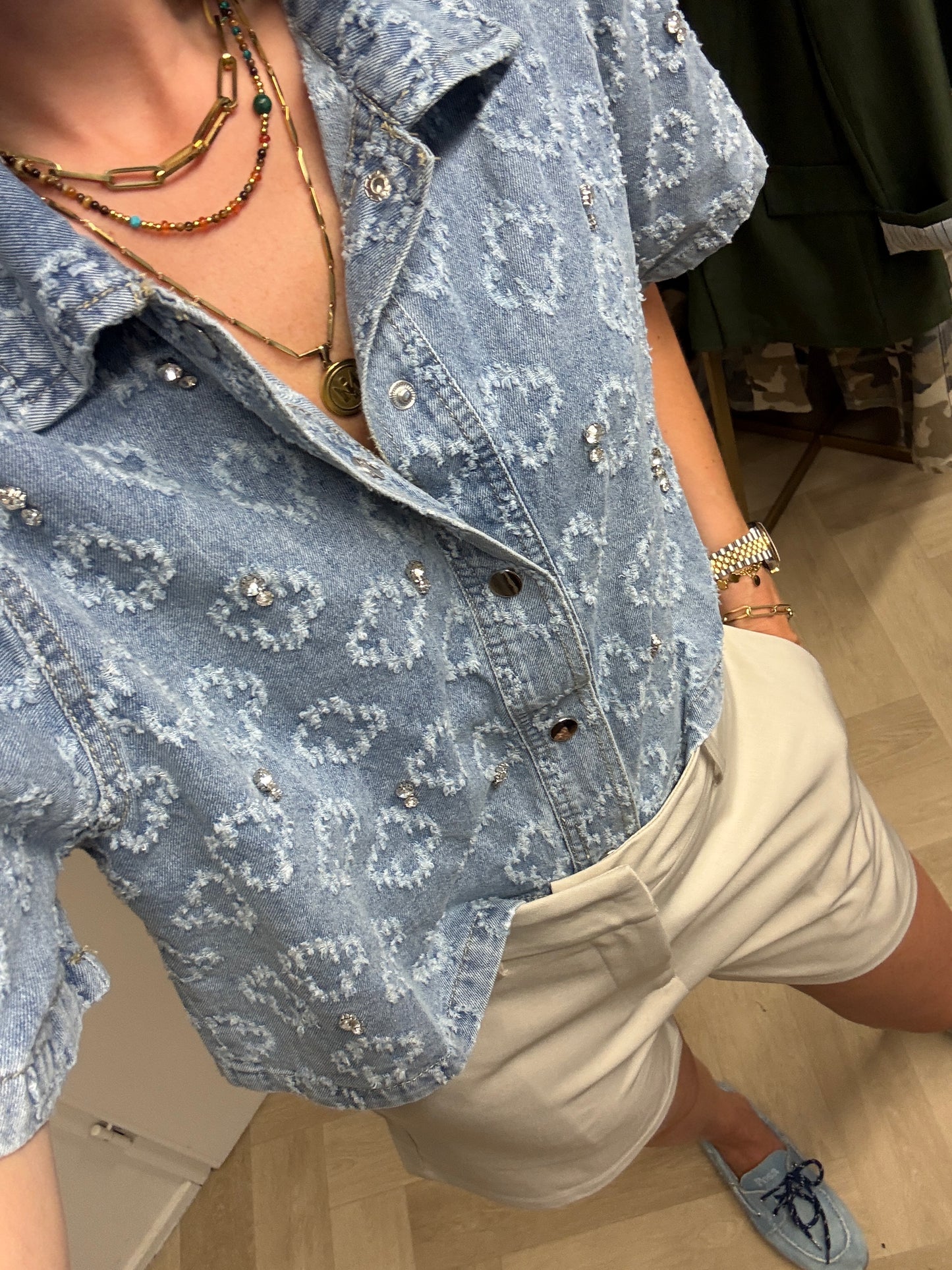 Blouse Denim Studs Strass Blauw