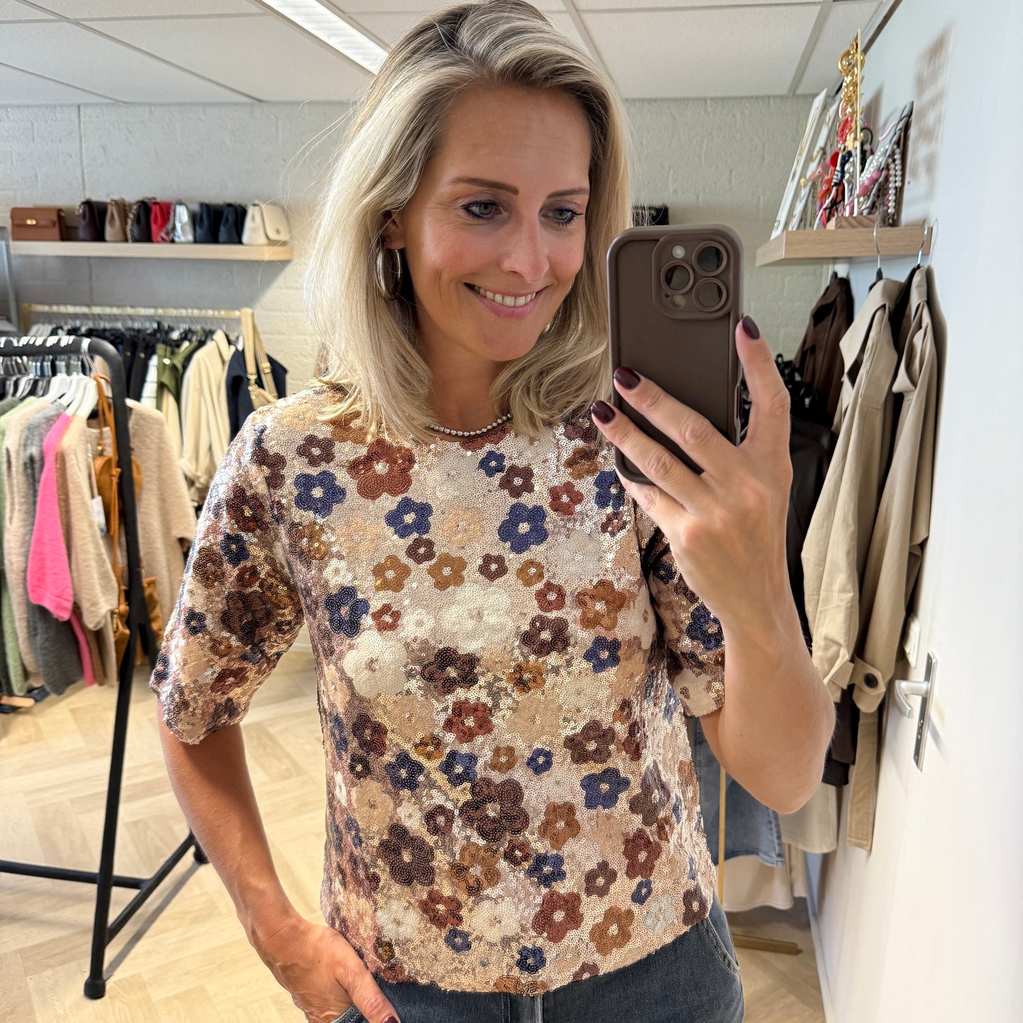 Top Paillet Flowers Beige