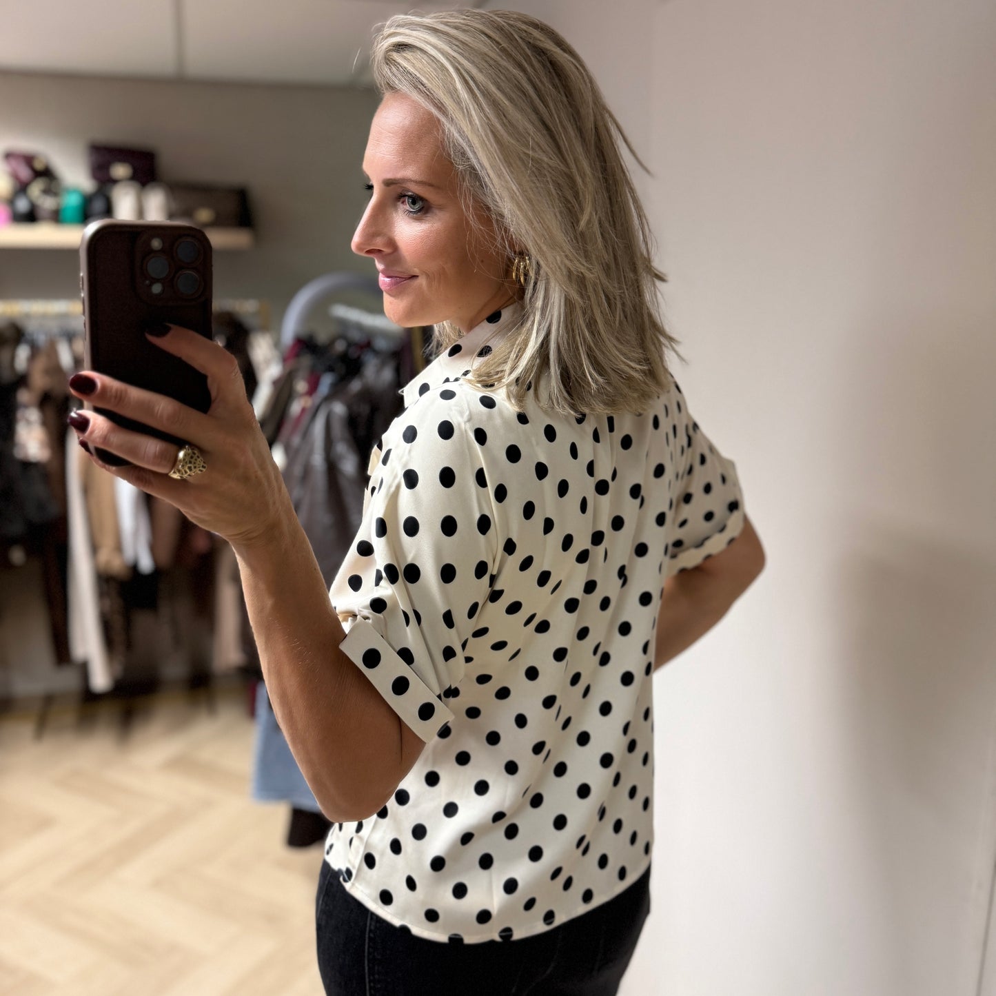 Blouse Mave Polkadot Satijn Offwhite Zwart