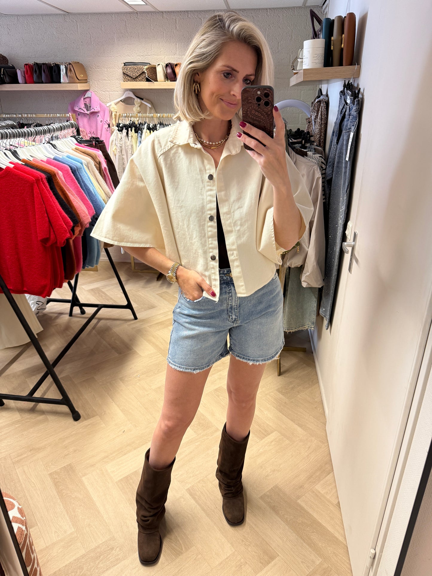 Blouse Denim Flared Mouw Ecru