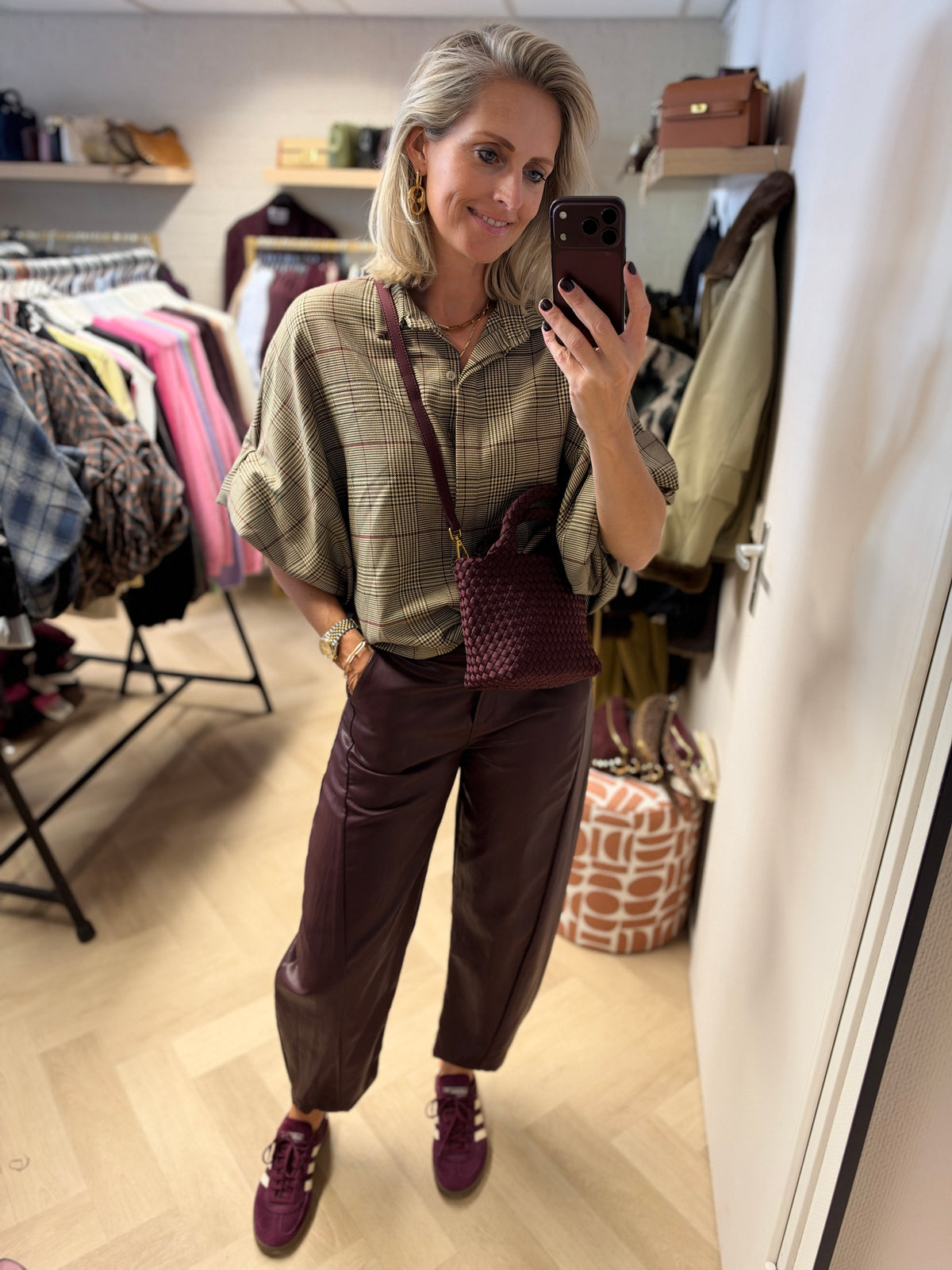 Blouse Mila Ruit Ballonmouwen Camel Bordeaux