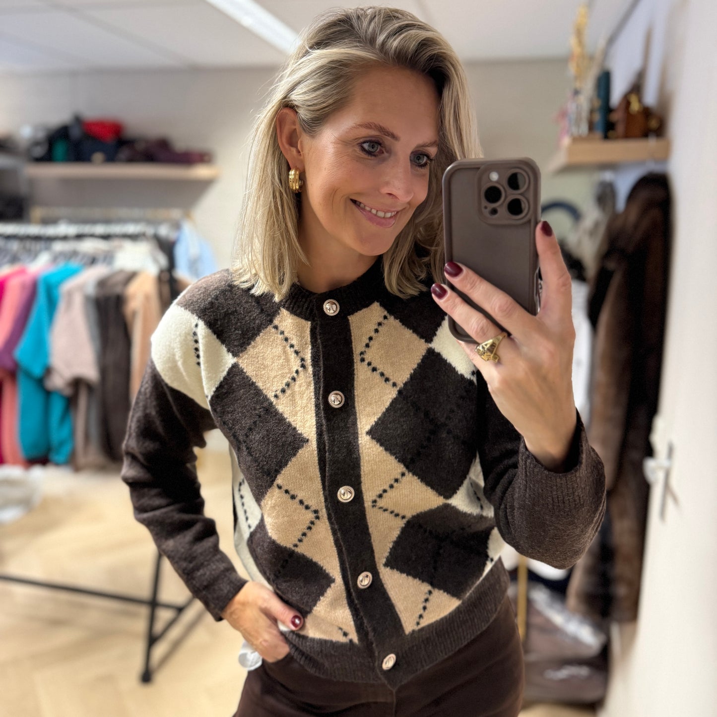 Vest Charlot Argyle Ruit Bruin Beige