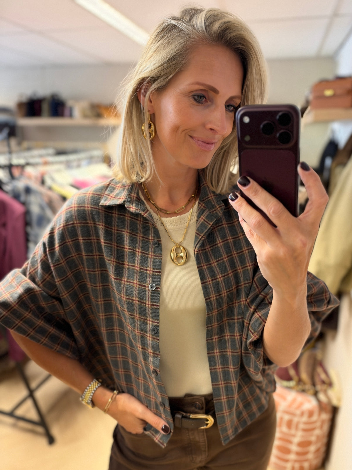 Blouse Mila Ruit Ballonmouwen Grijs Bordeaux