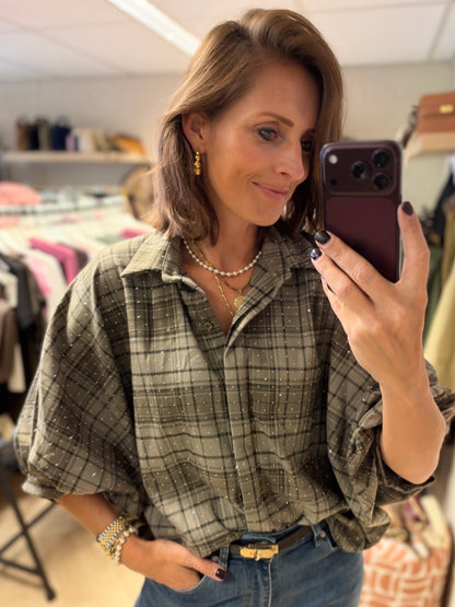 Blouse Mila Ruit Strass Ballonmouwen Taupe