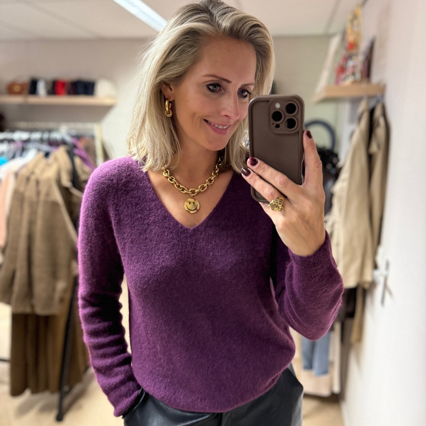Trui Claudia V-Hals Alpaca Lange Mouw Donkerpaars