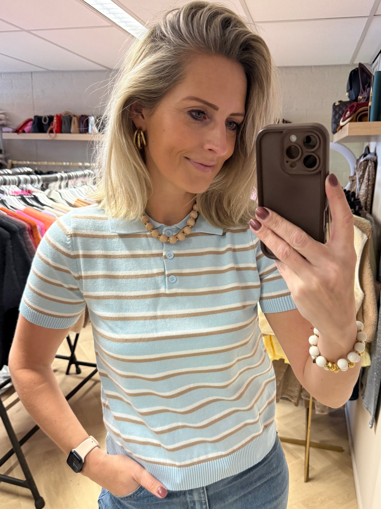 Polo Benthe Streep Lichtblauw Beige