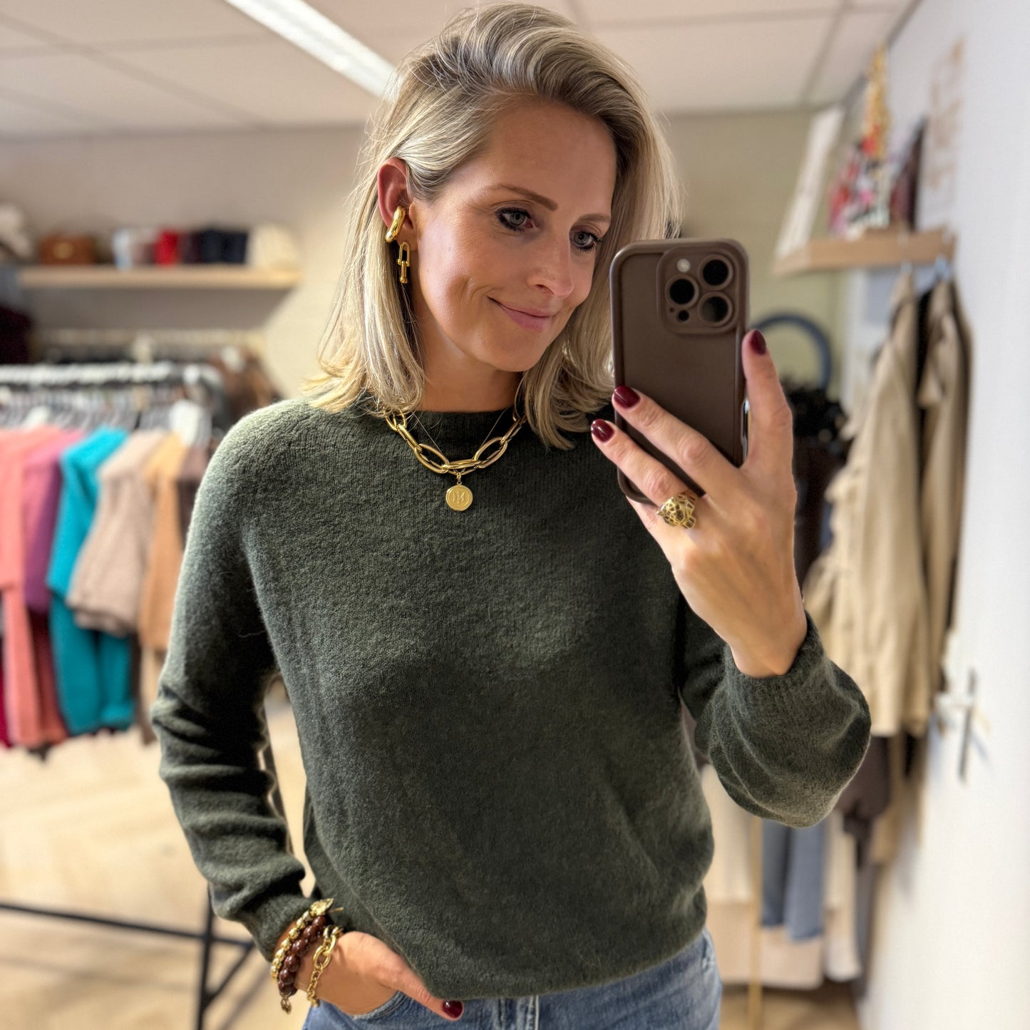 Trui Claudia Alpaca Lange Mouw Armygroen