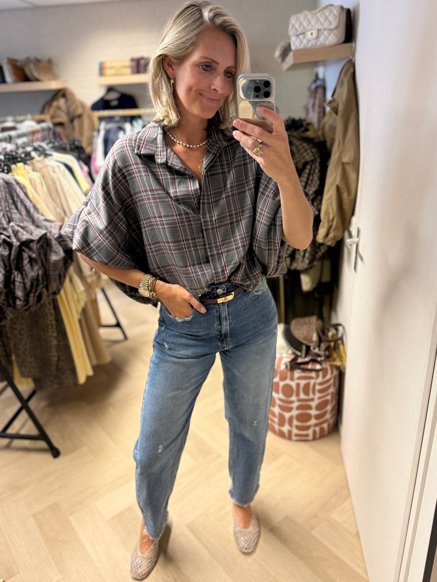 Blouse Mila Ruit Ballonmouwen Grijs