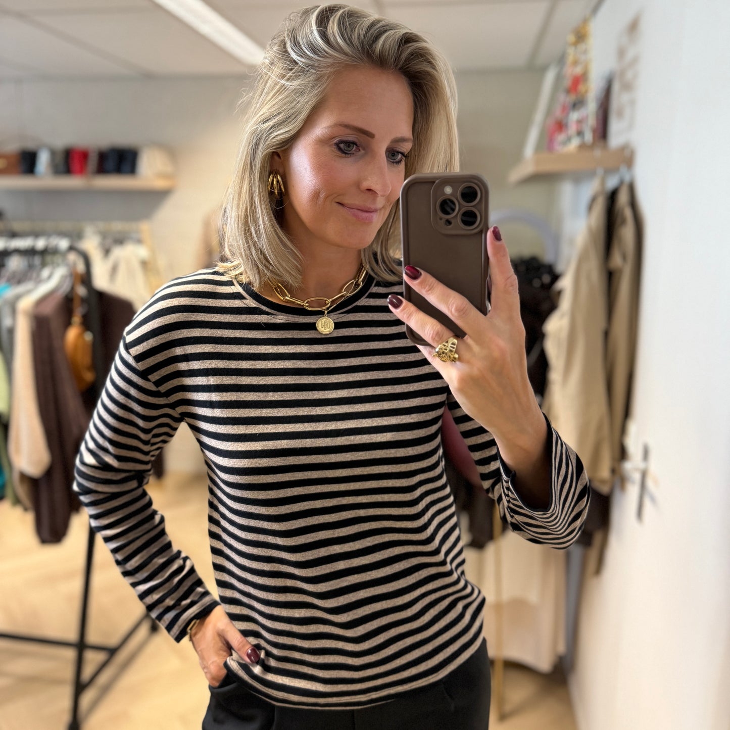 Shirt Emma Lange Mouw Taupe Zwart