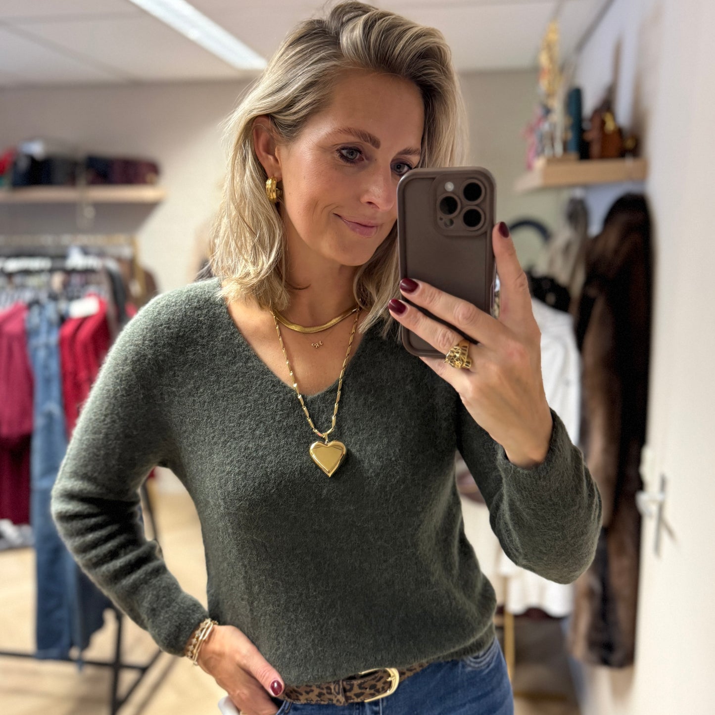 Trui Claudia V-Hals Alpaca Lange Mouw Groen