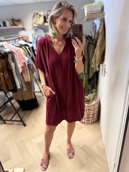 Jurk Mousseline V-hals Bordeaux