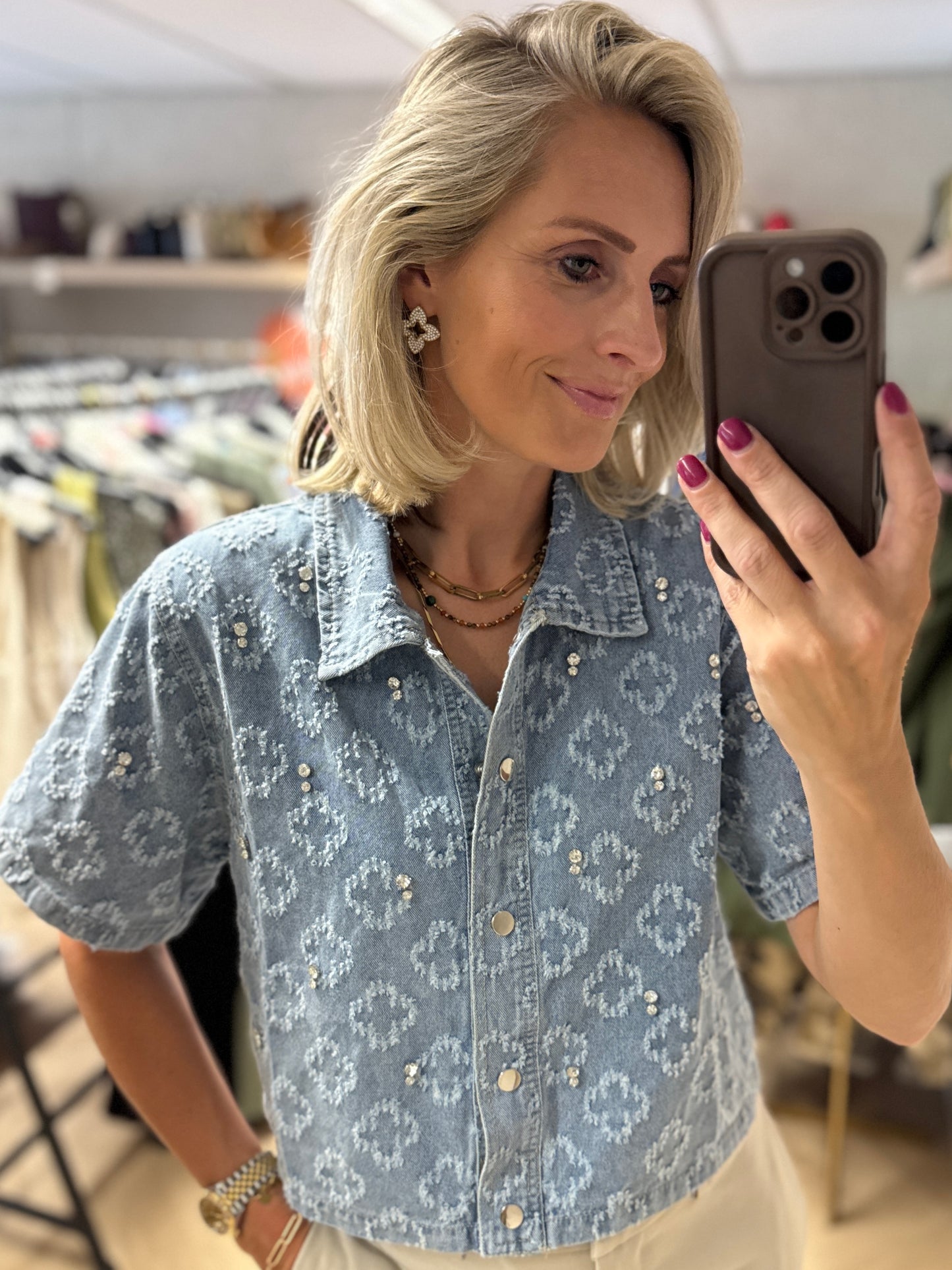 Blouse Denim Studs Strass Blauw