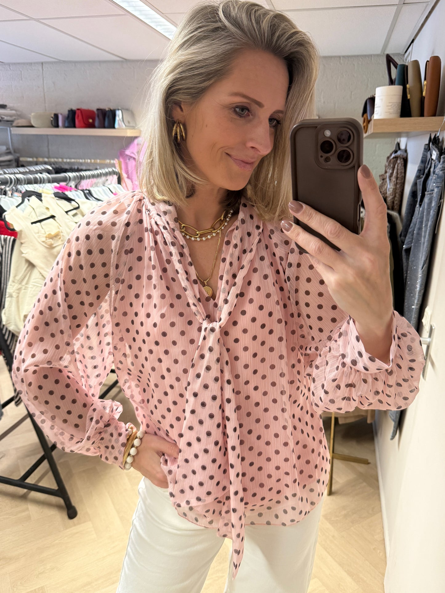 Blouse Jill Polkadot Roze Bruin