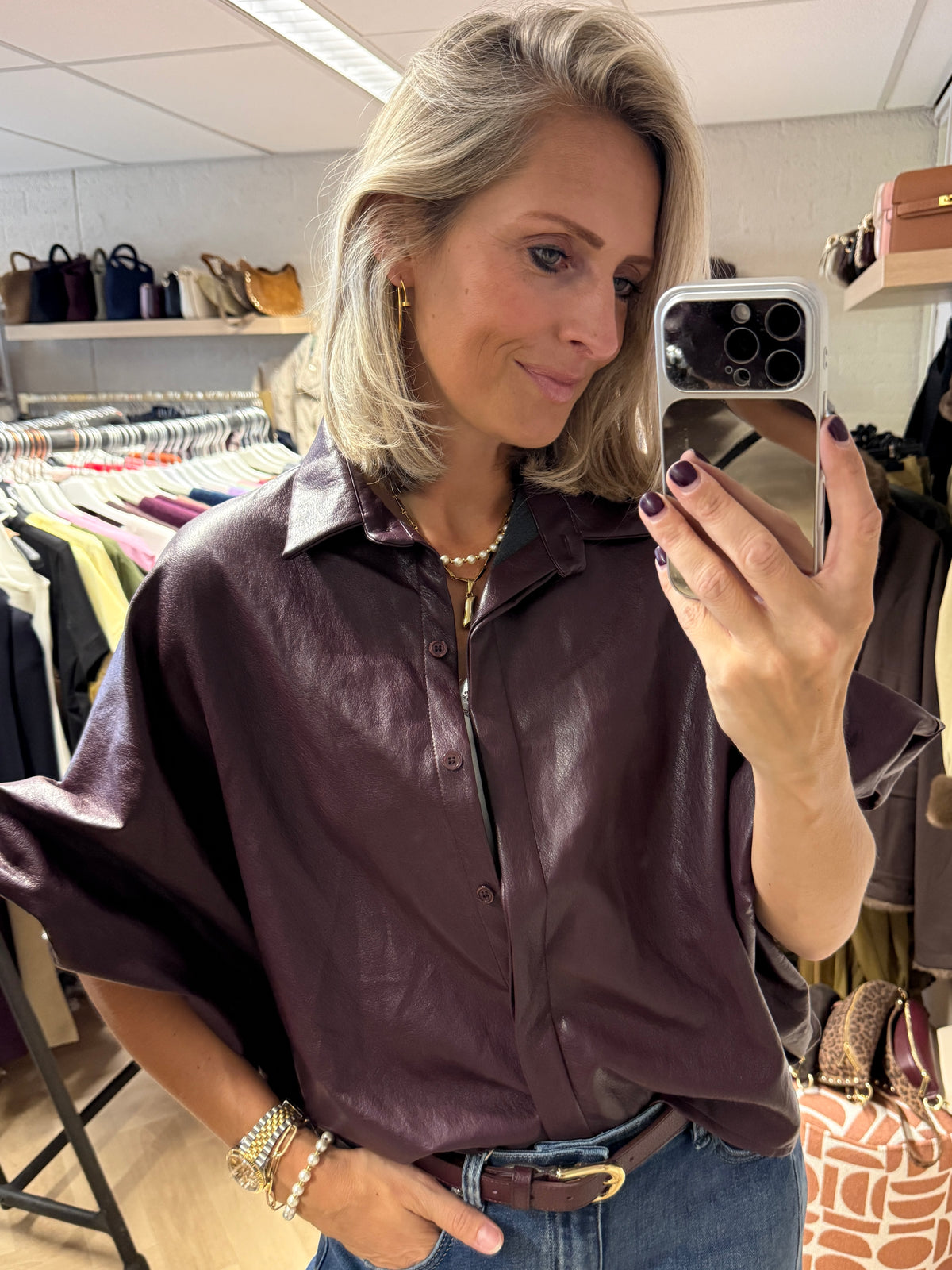 Blouse PU Mila Ballonmouwen Plum