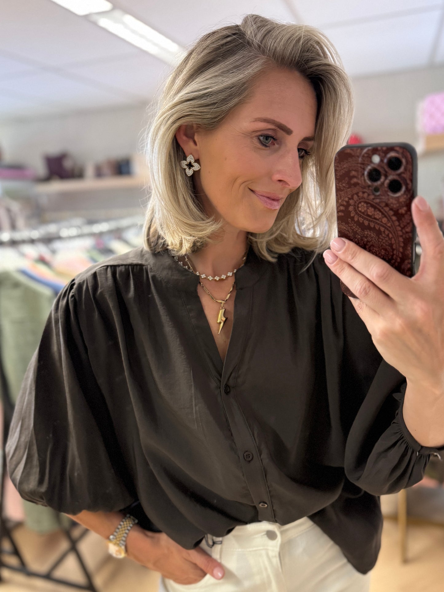 Blouse Ella Pofmouwen Donkerbruin