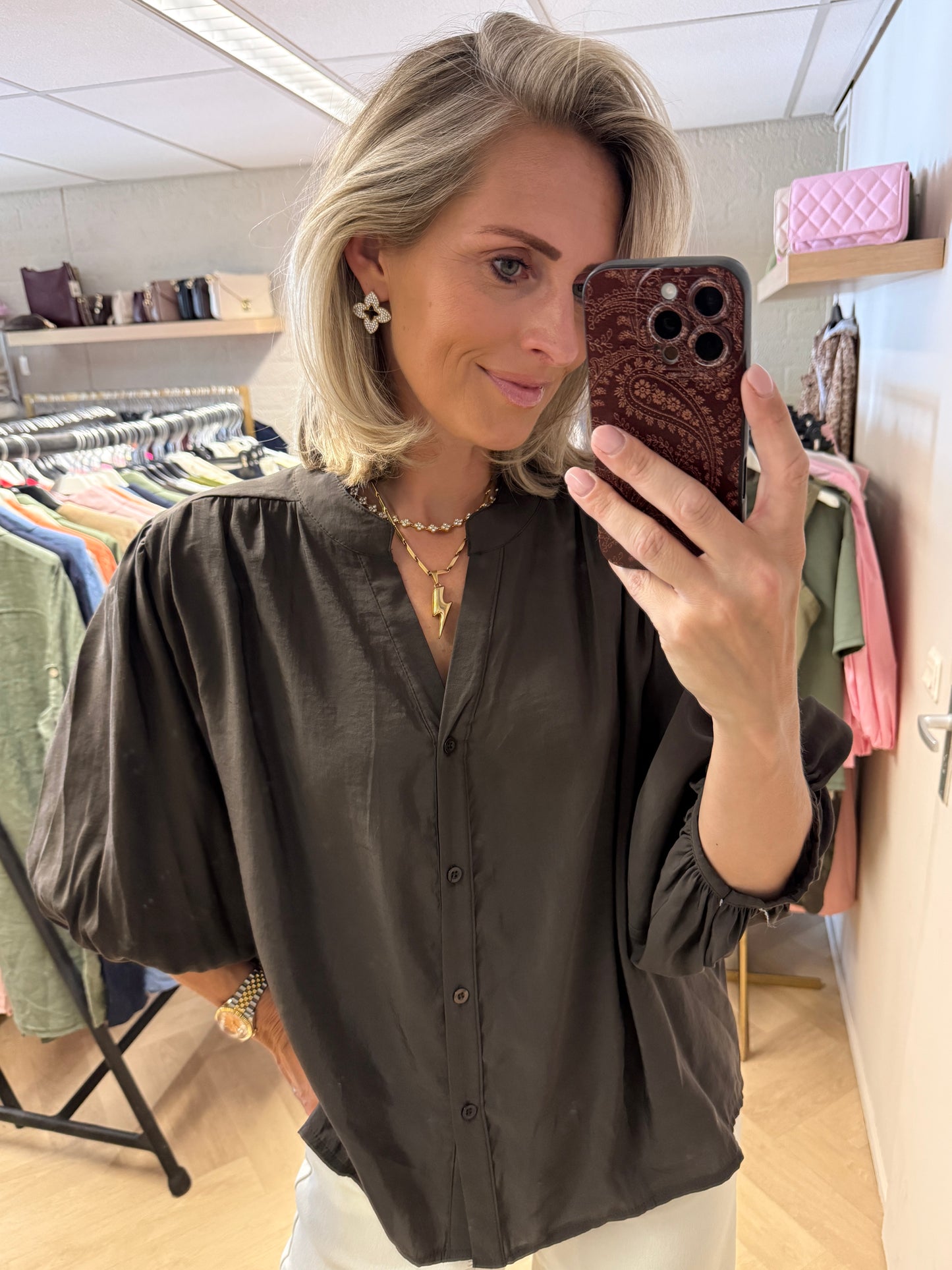 Blouse Ella Pofmouwen Donkerbruin