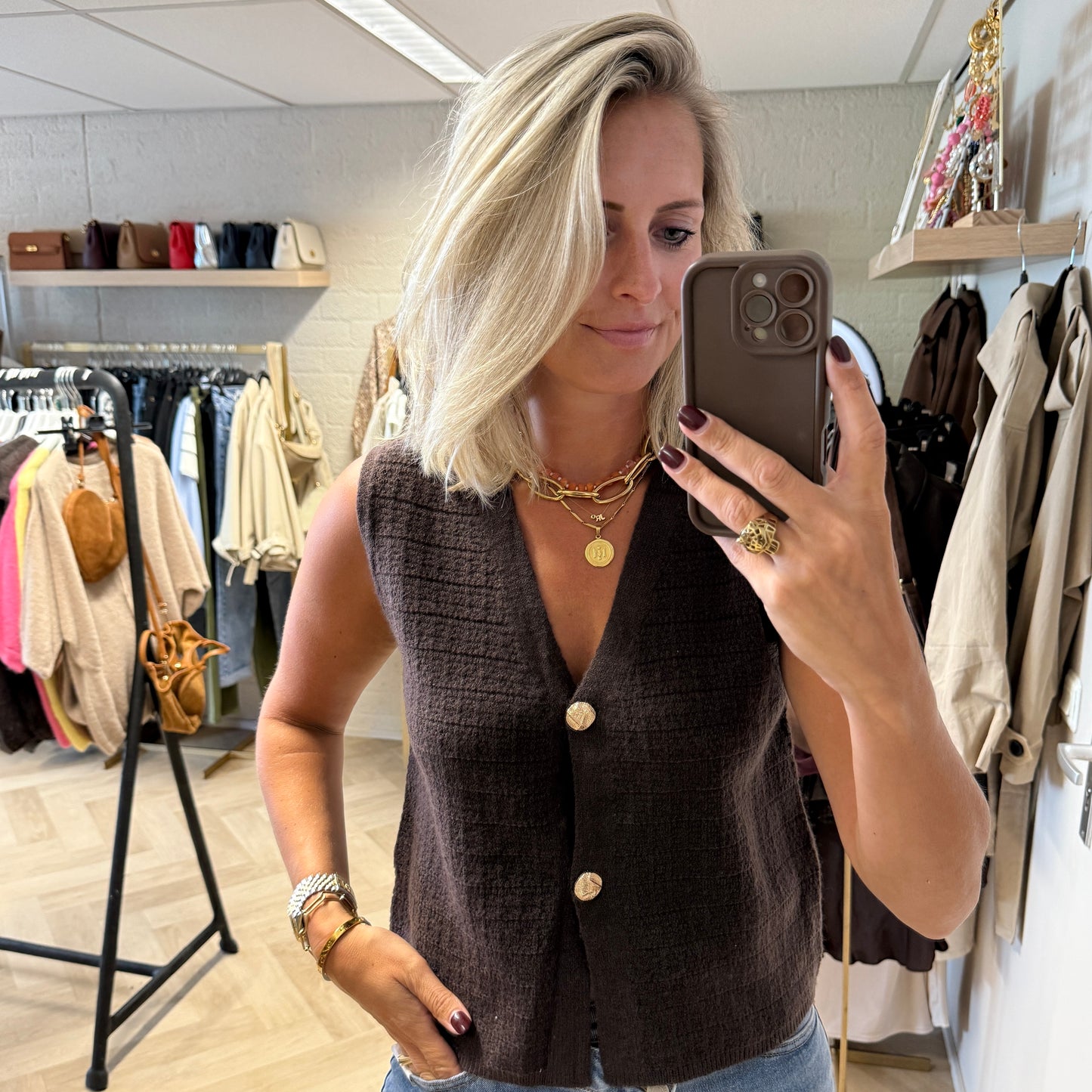 Vest Charlie V-hals Donkerbruin